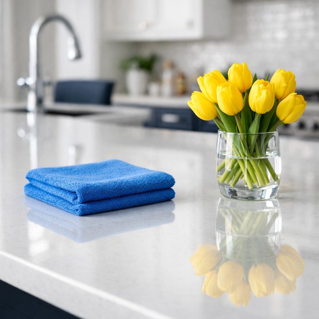 Polished kitchen island in a Teaticket home maintained by regular weekly house cleaning services.