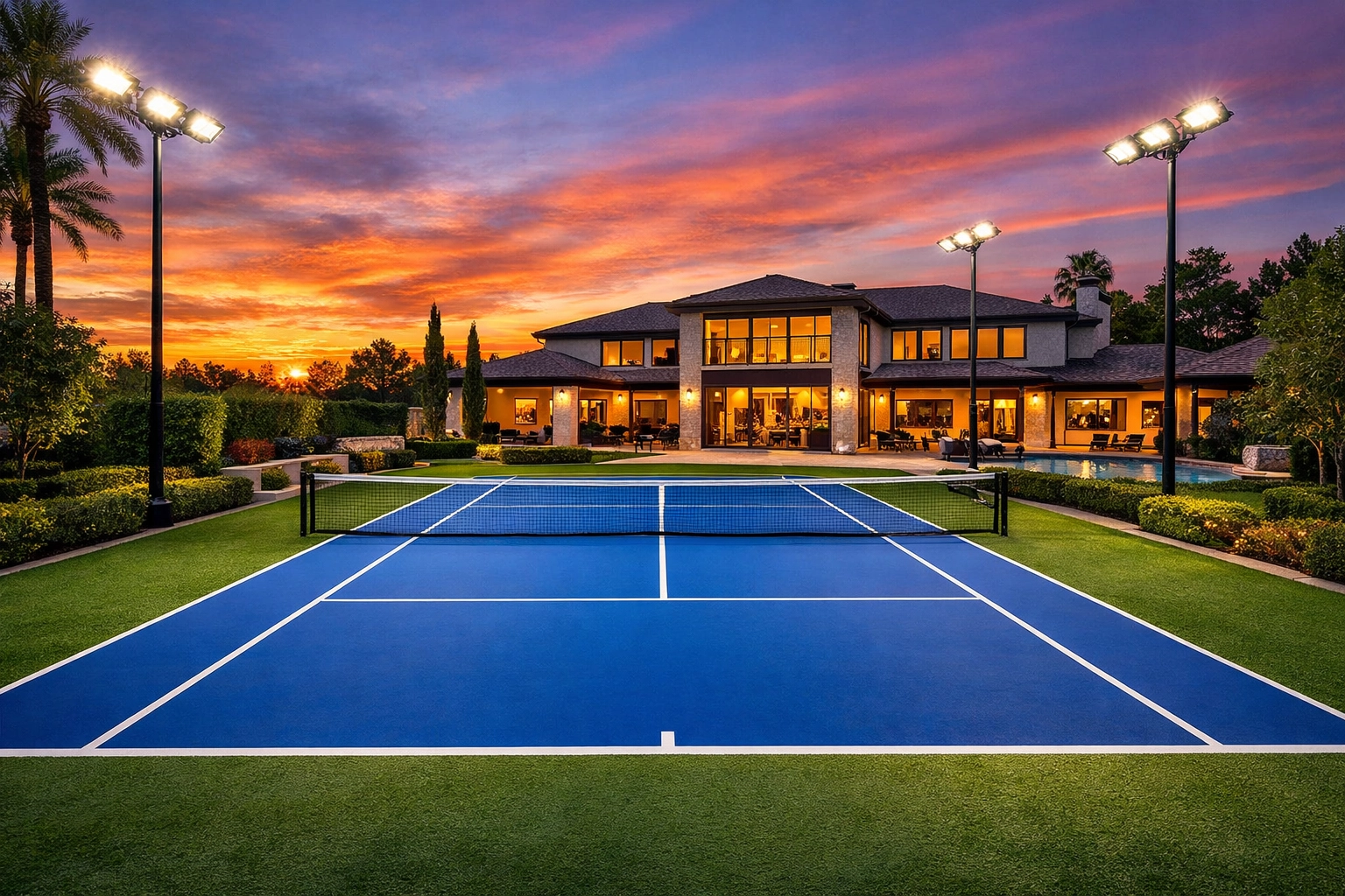 Completed residential tennis court with sports lighting in a luxury Houston backyard estate.