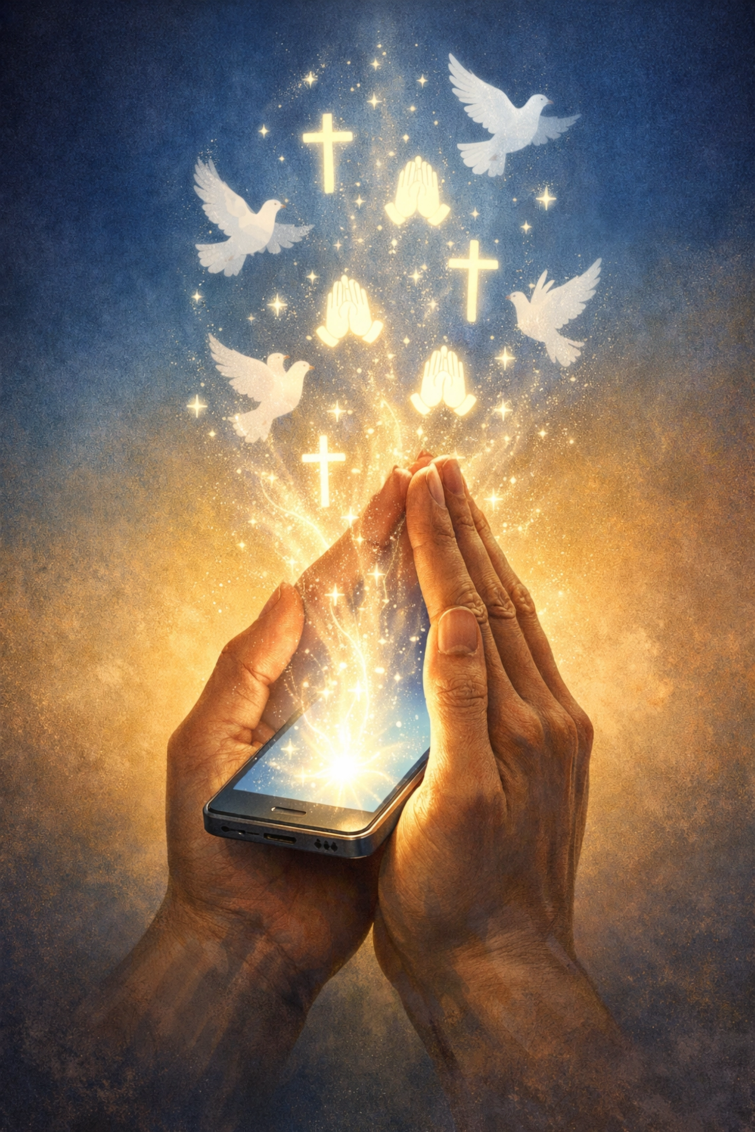 Praying hands holding smartphone combining faith and technology for peaceful news habits