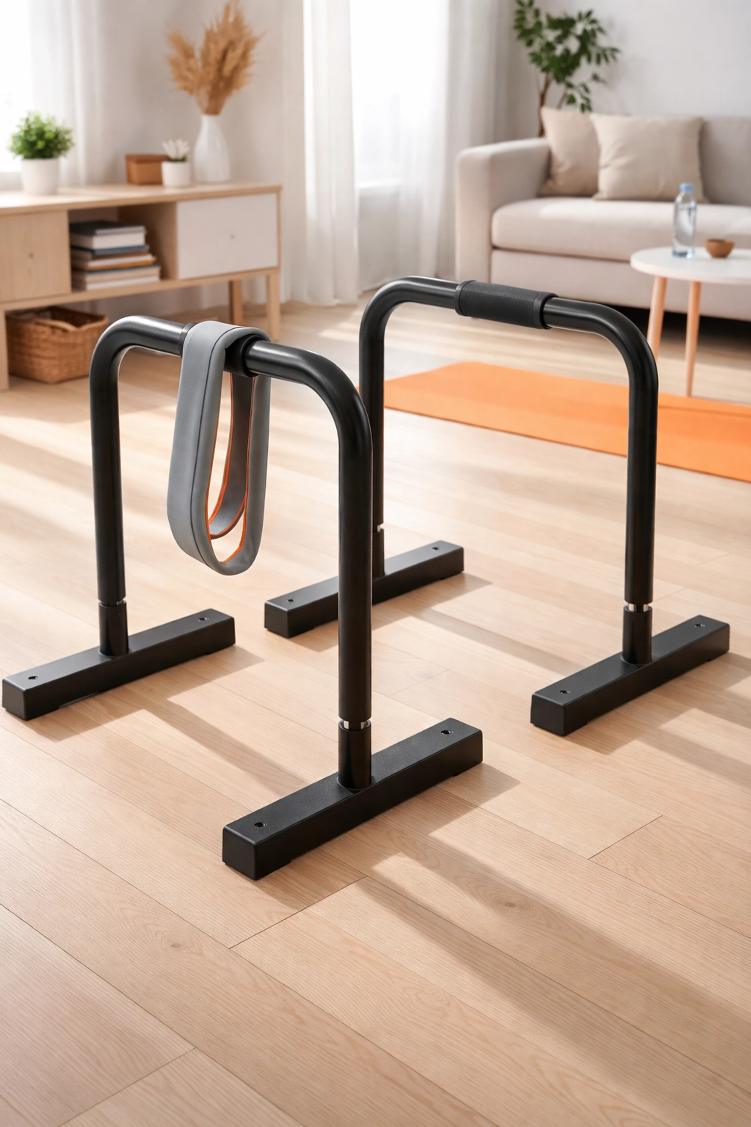 Black parallel dip bars and resistance band set up in a bright home, ideal for calisthenics and bodyweight dipping exercises