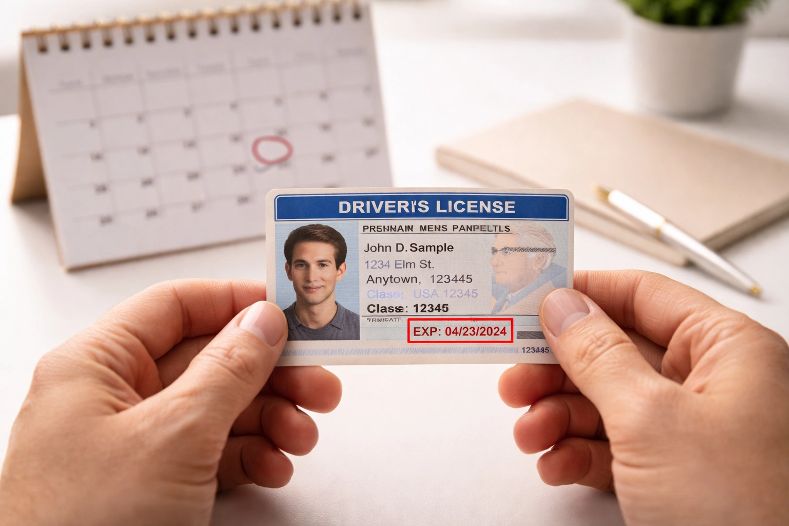 Person holding an expired driver's license next to a calendar, showing invalid ID for Texas notary services