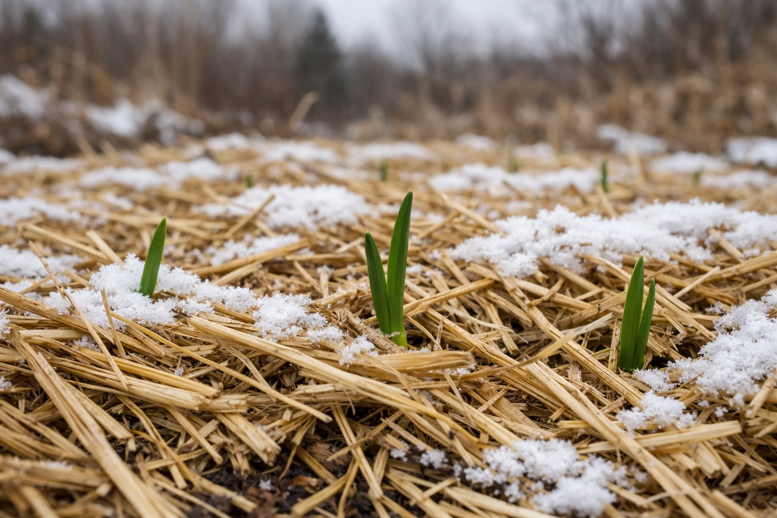 Mulched garlic bed in winter with green shoots emerging through straw layer