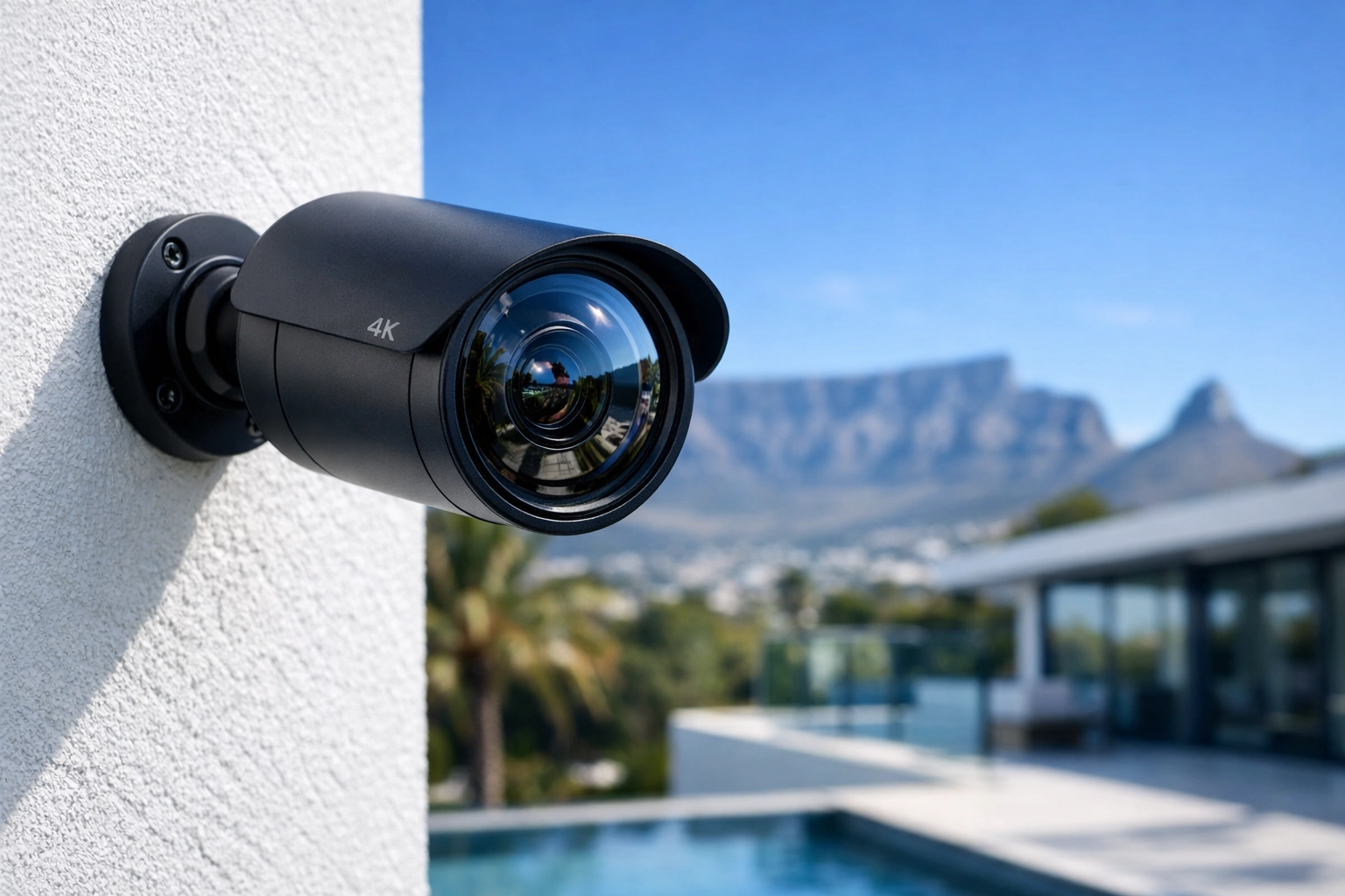 4K home security camera with high-definition lens mounted on a modern villa overlooking Table Mountain.