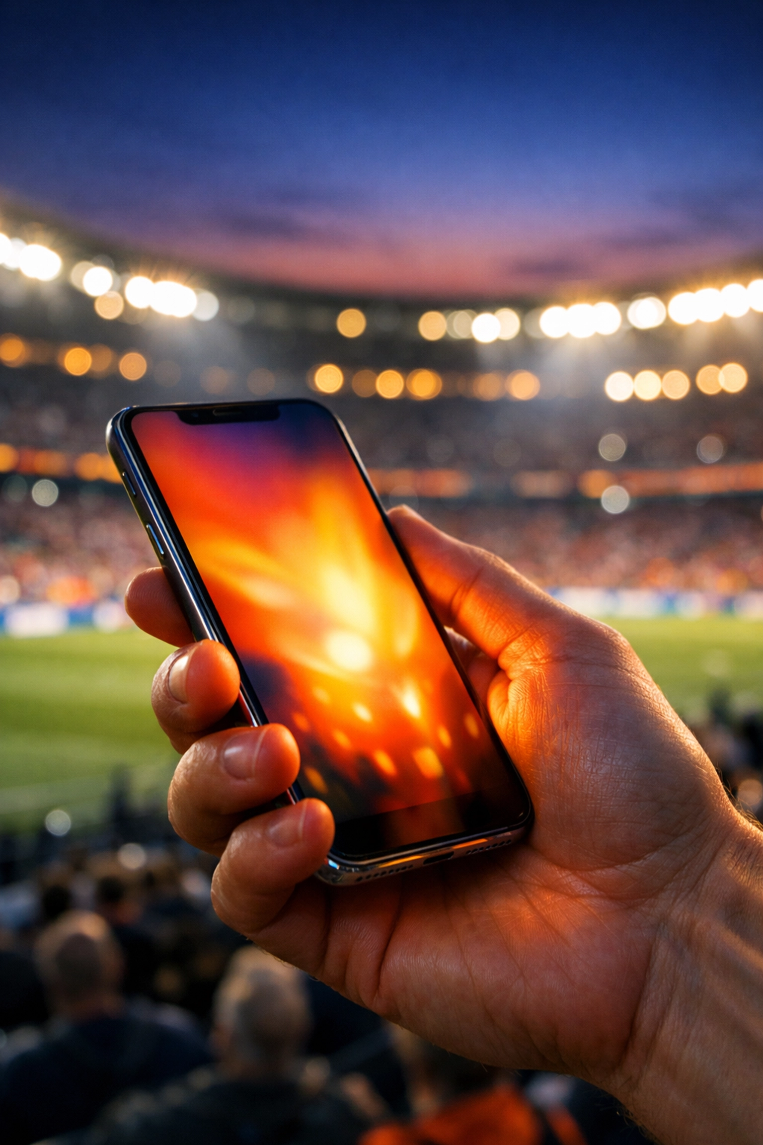 Person holding a smartphone at a football stadium representing high NIL social media engagement.