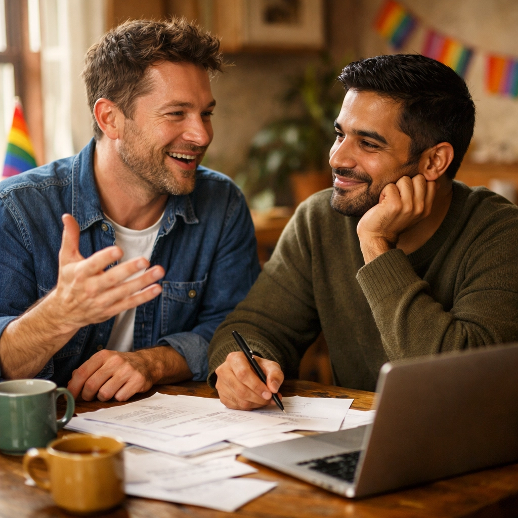 Gay couple Bobby and Aaron from Bros collaborating together showing partnership in MM romance