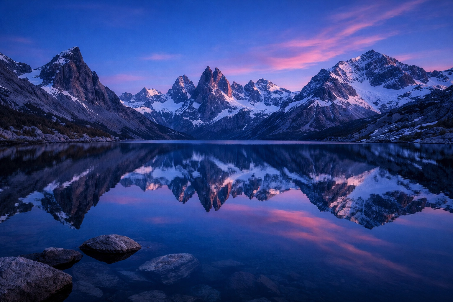 Sharp high-resolution landscape photo of snowy mountains and a reflective lake for a photography portfolio.