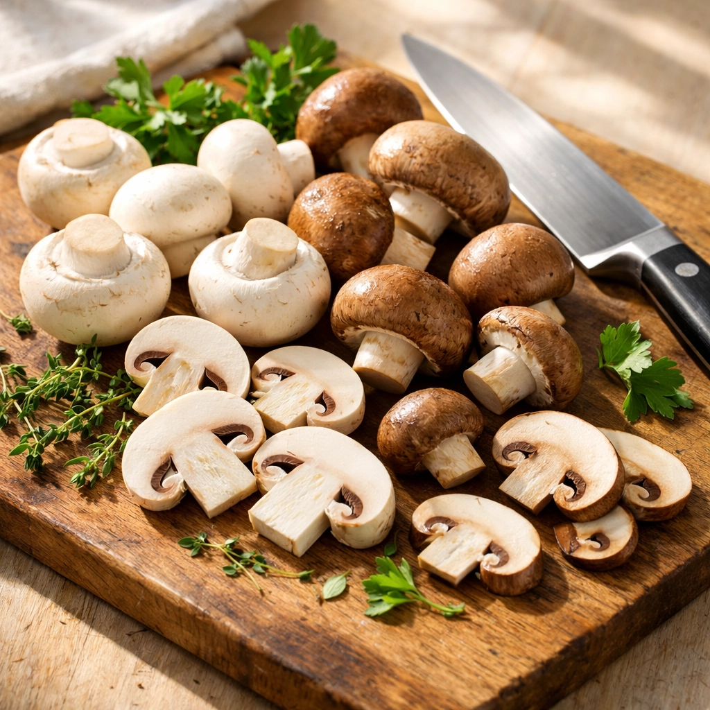 Fresh mushrooms and herbs on cutting board ready for easy everyday cooking and meal prep
