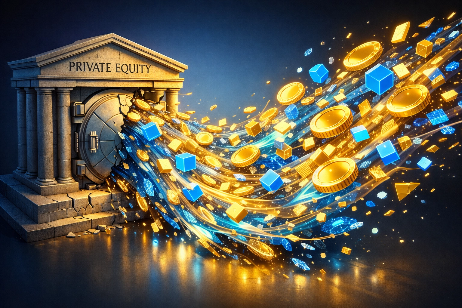 Private equity vault transforming into digital tokens showing liquidity conversion