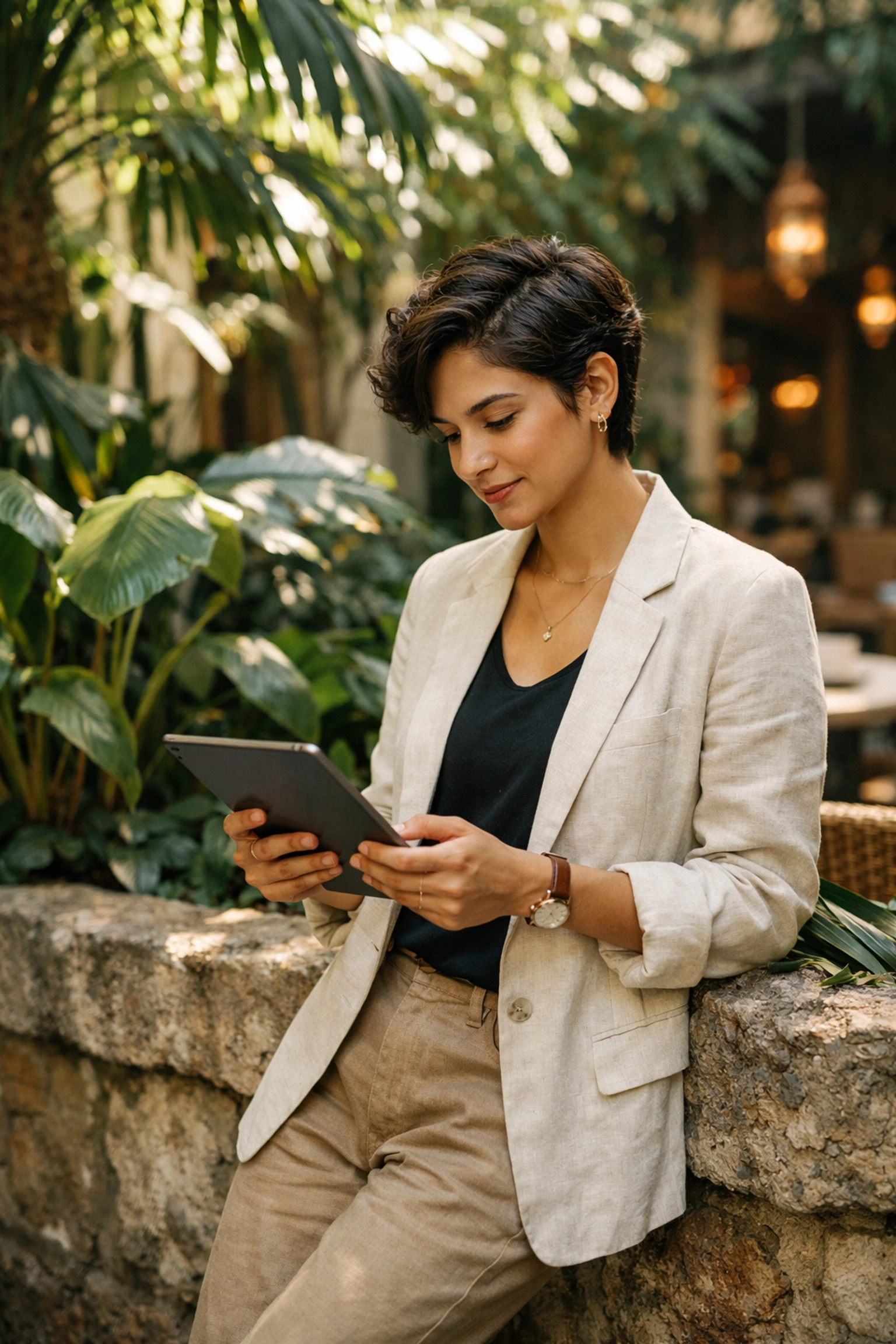 A digital nomad using a tablet in a lush boutique hotel courtyard garden workspace.