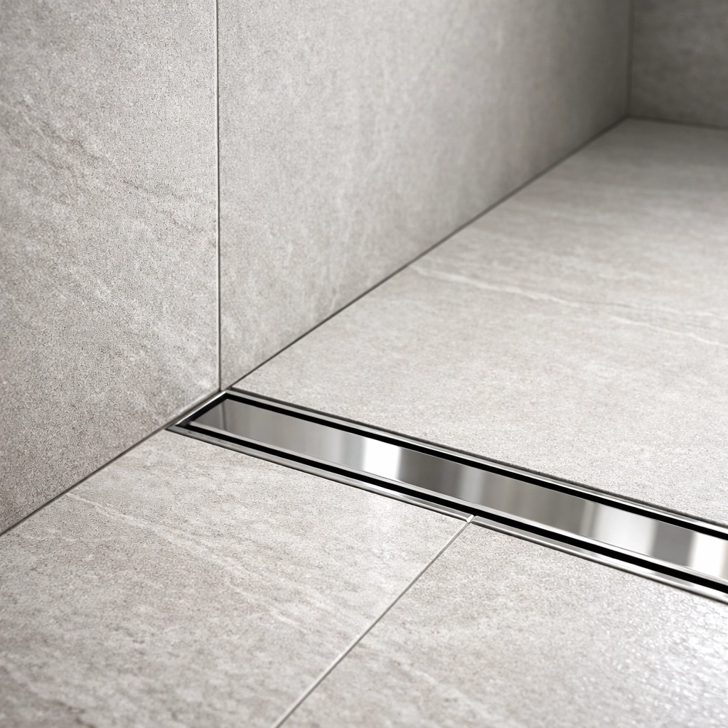 Close-up of expert tile work and a curbless shower floor in a Central Ohio bathroom remodel.