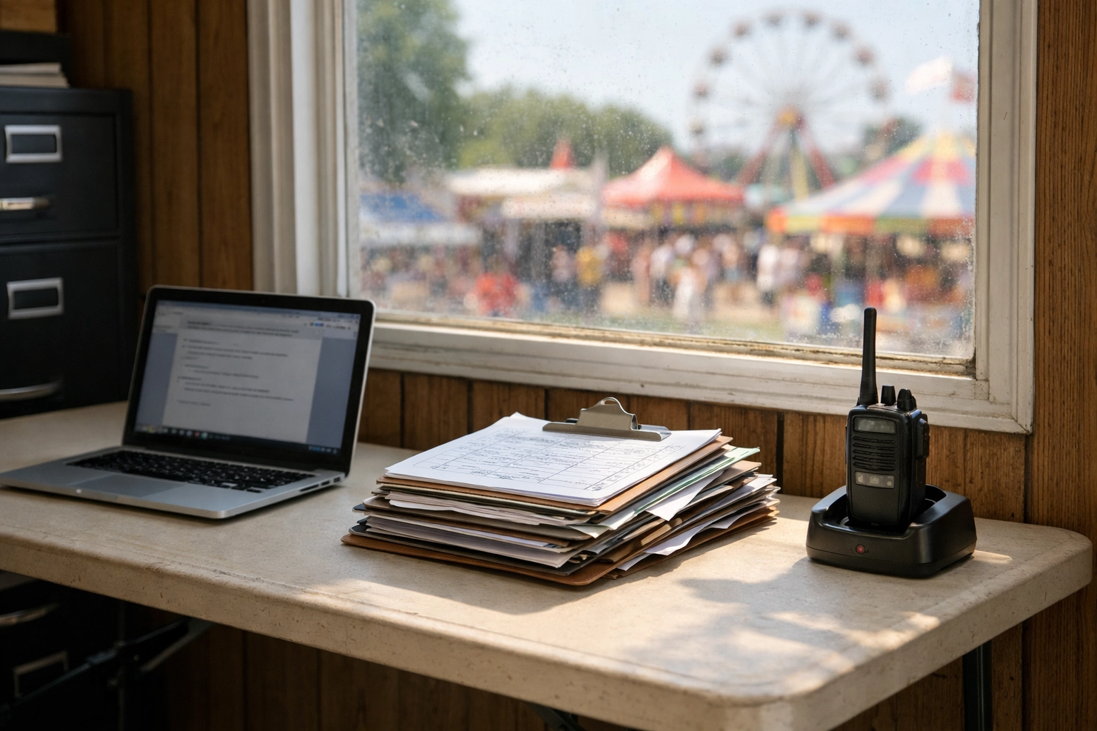 A professional fair office setup with a laptop and clipboards for operational management systems.