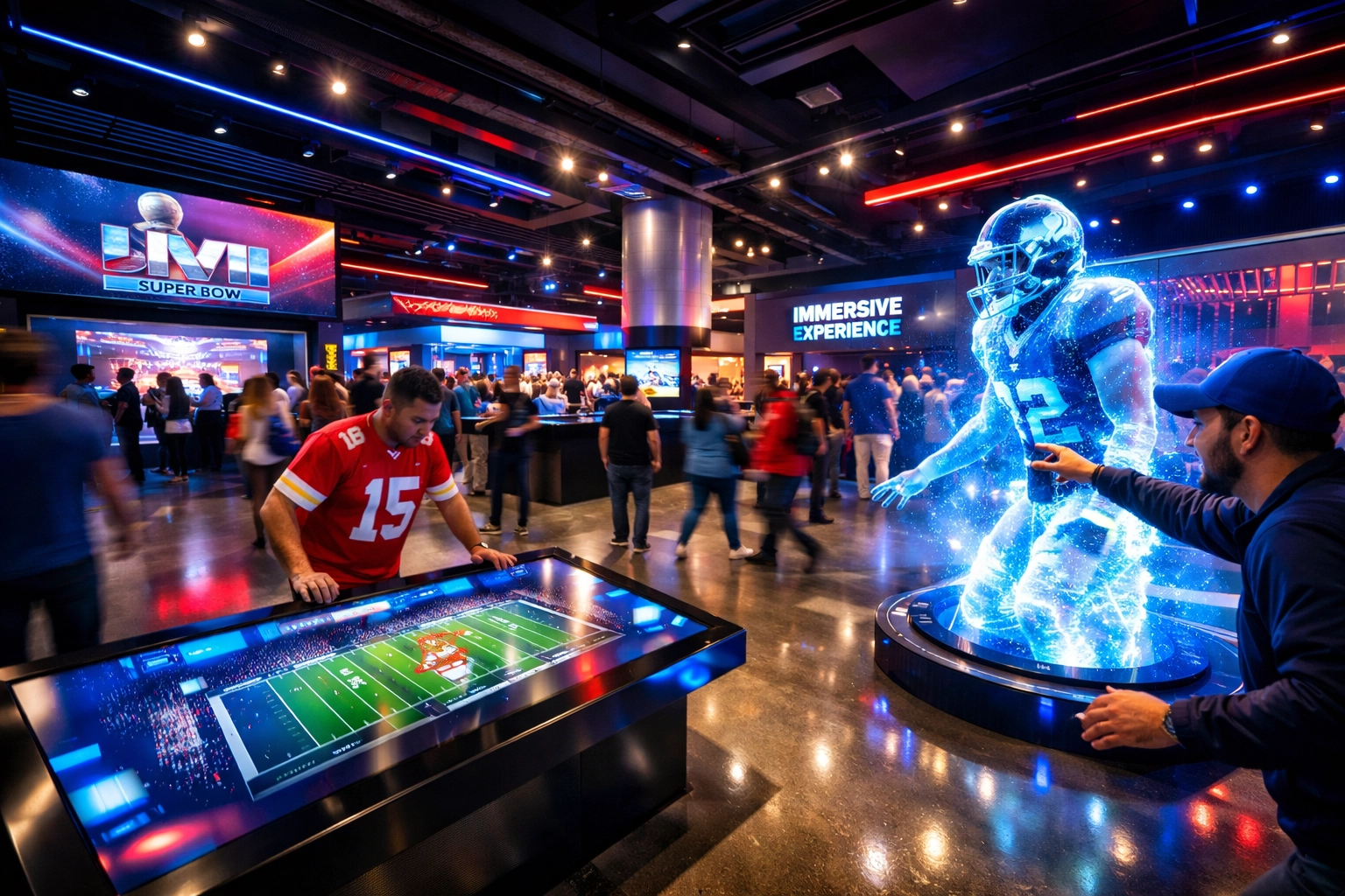 Interactive Super Bowl brand activation zone with touchscreen technology and fan engagement displays