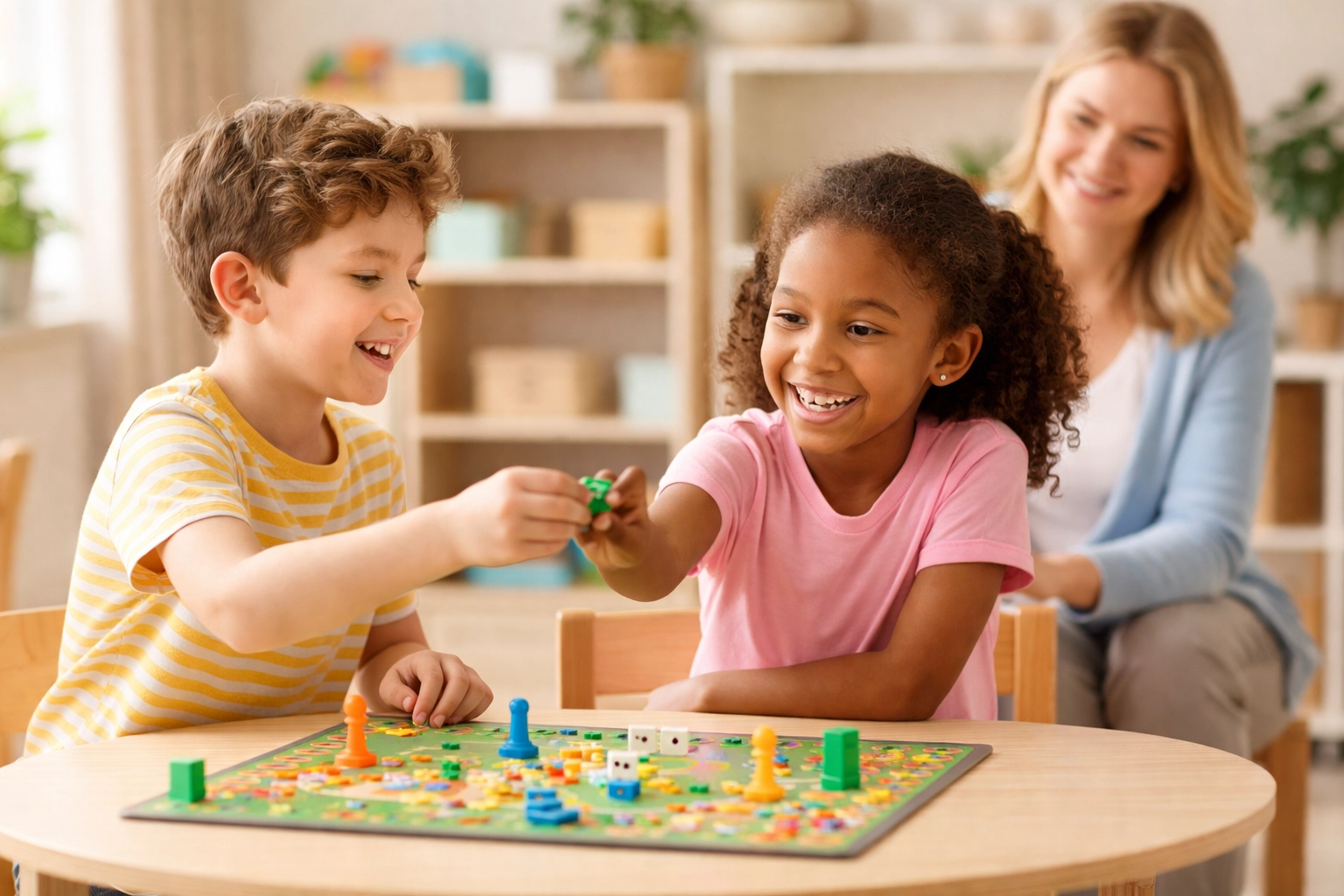 Kids playing a board game together in a bright Newnan GA social skills group setting