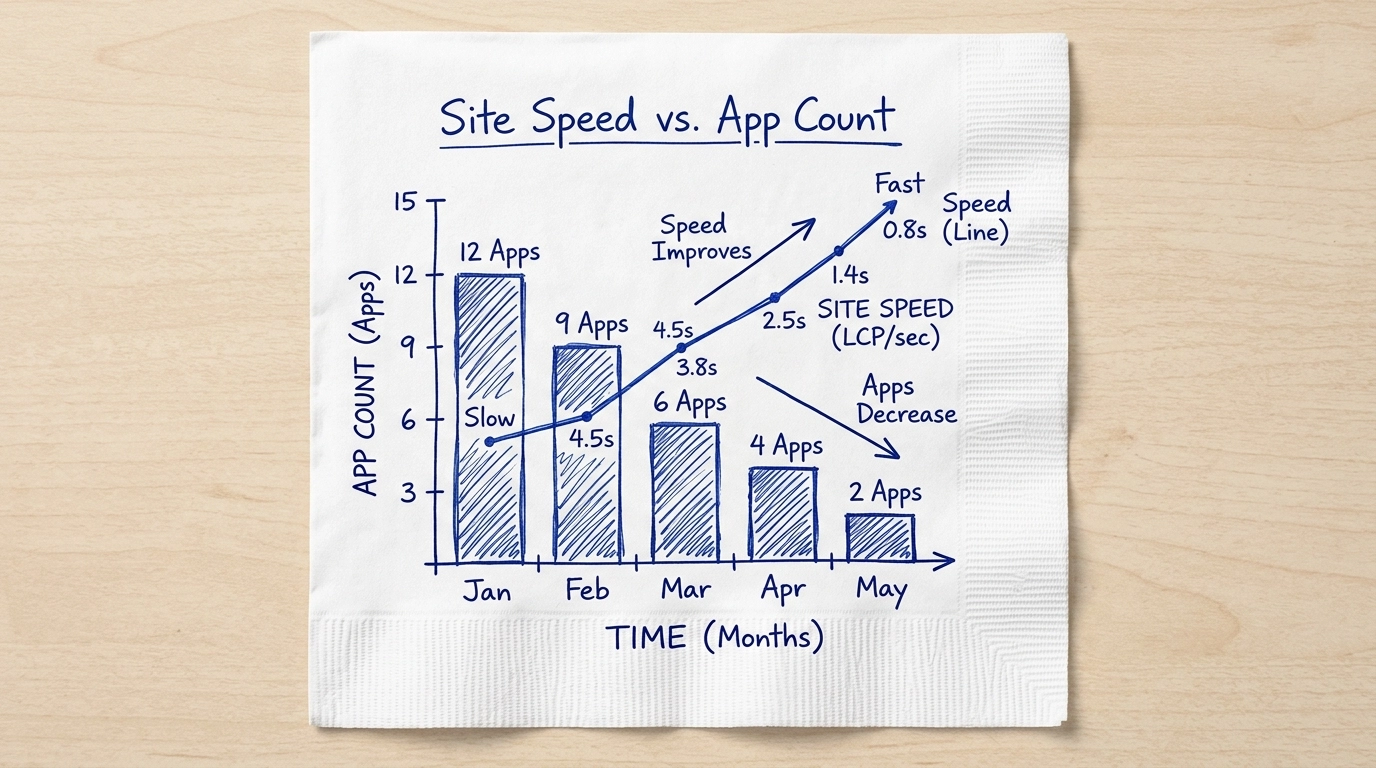 Napkin style chart showing site speed going up as app count goes down