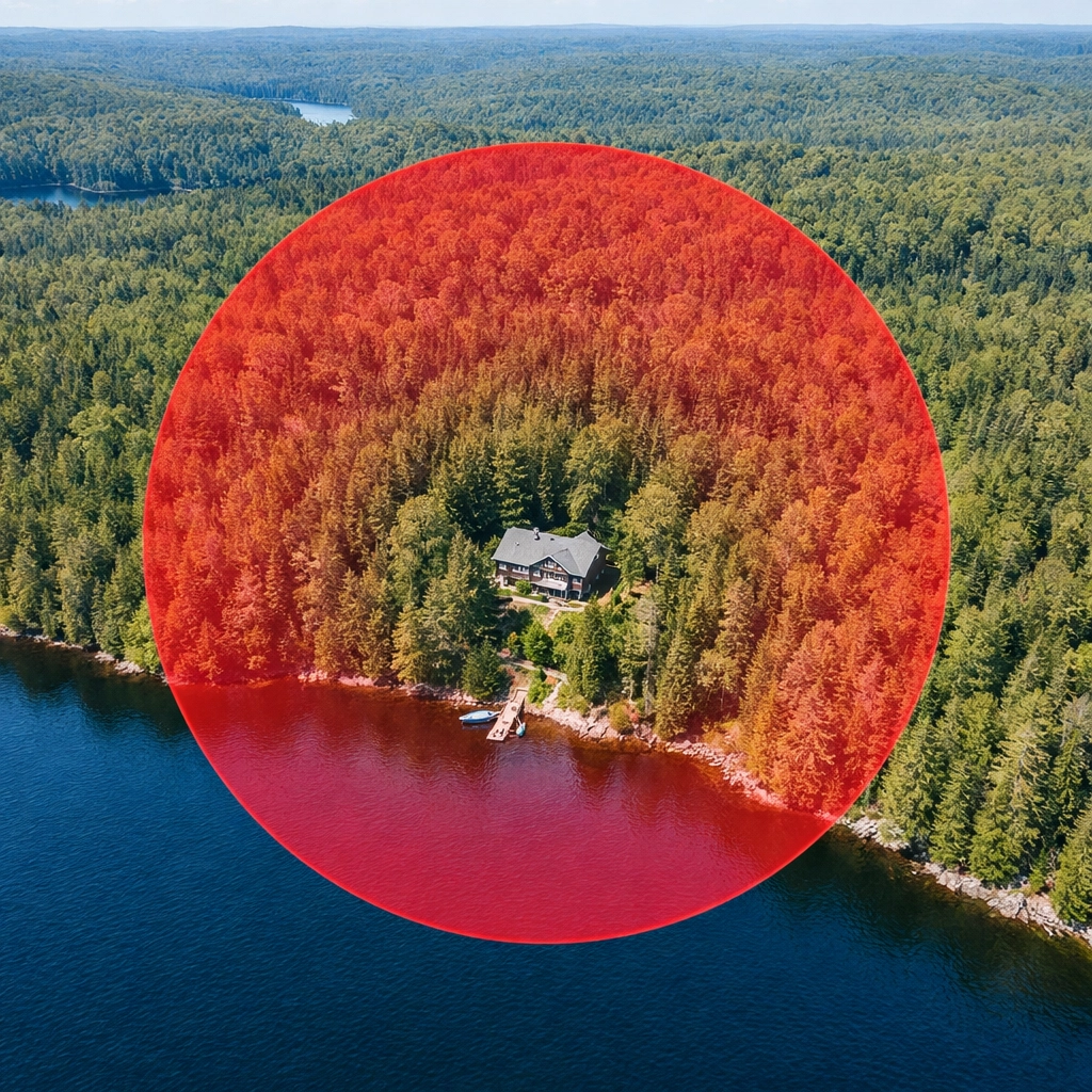 Aerial view of an Ontario cottage showing the legal 1-kilometre wildlife relocation limit in Ontario.