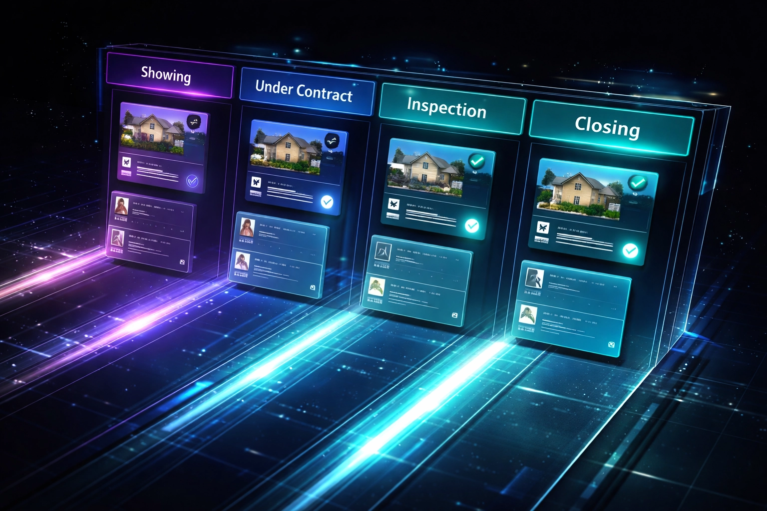 A real estate transaction pipeline with stages from showing to closing, illustrating streamlined workflow automation.