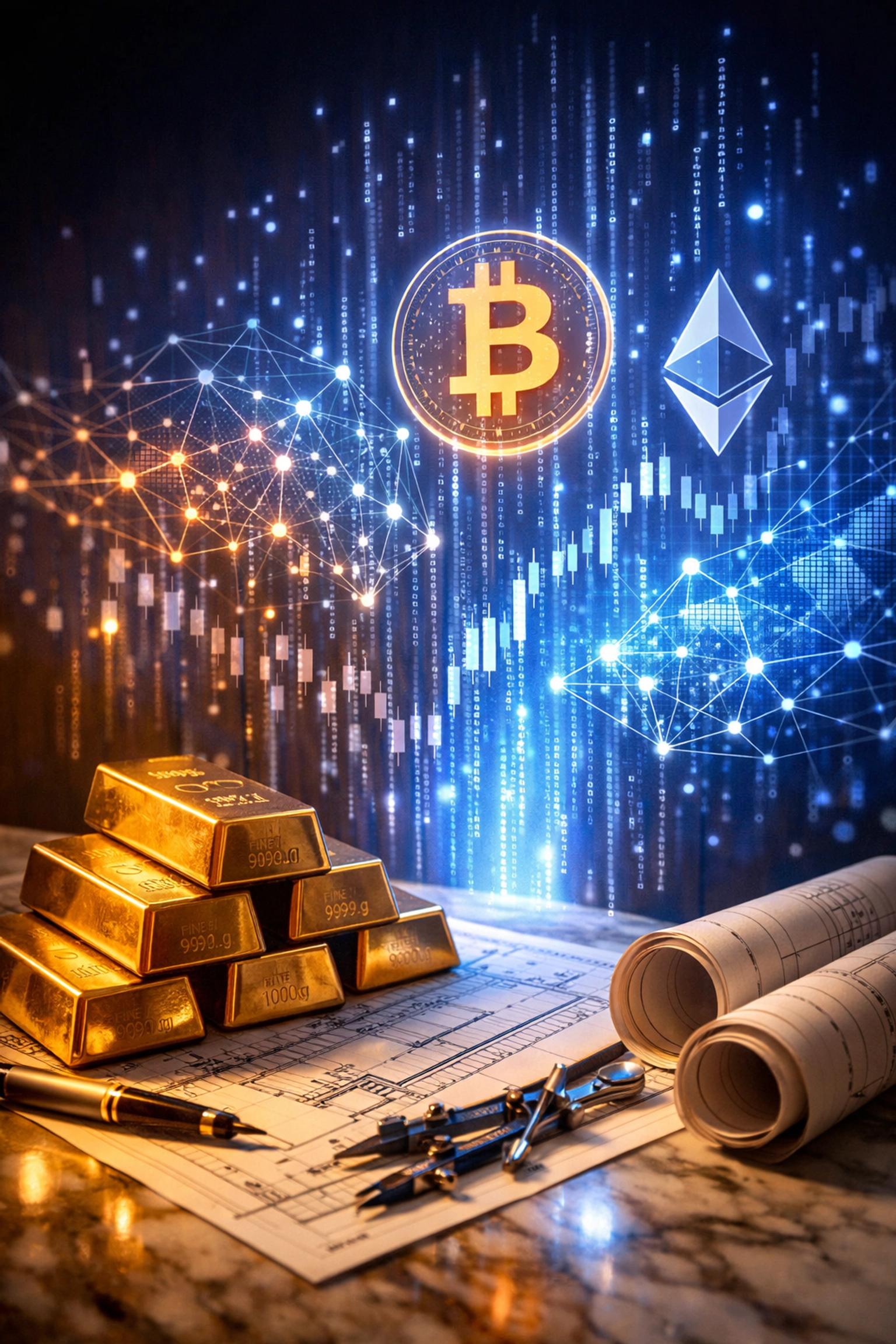 Traditional financial assets integrating with blockchain and digital investment strategies