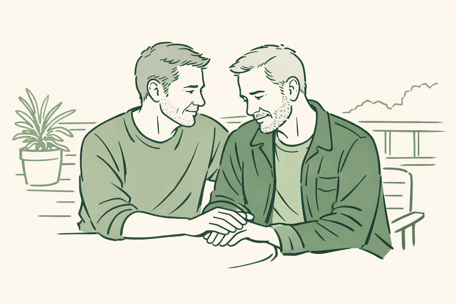 Mature men sitting together, sharing a moment of revelation and relief in their coming out journey.