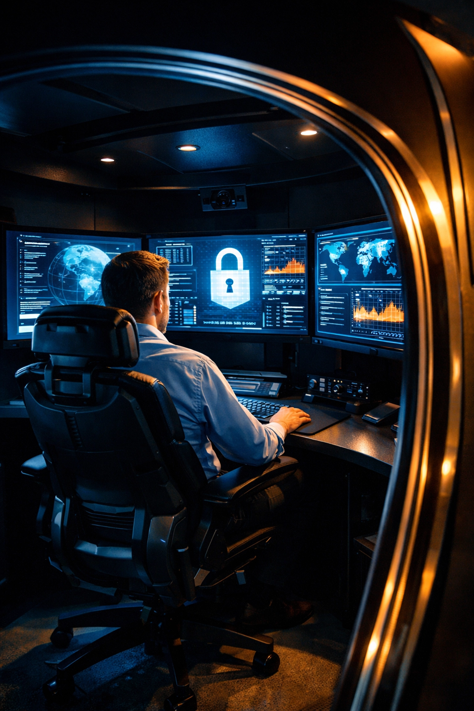 Professional using a high-tech cybersecurity pod with a triple-monitor setup for data monitoring.