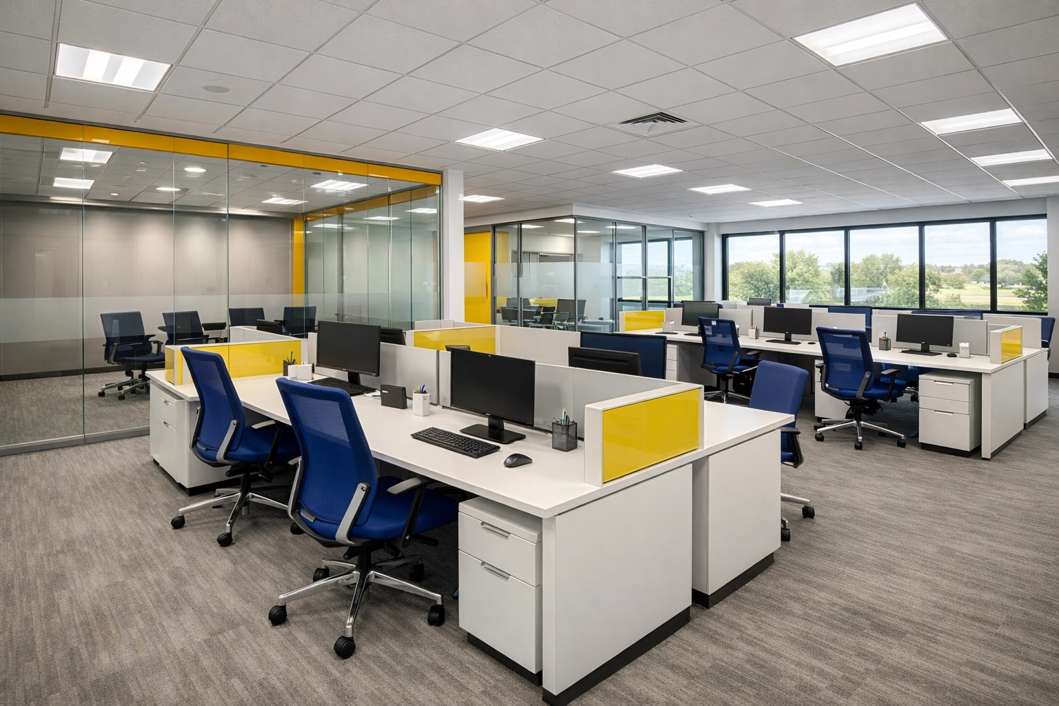 Modern Natick office suite featuring dust-free desks cleaned by professional commercial cleaners.