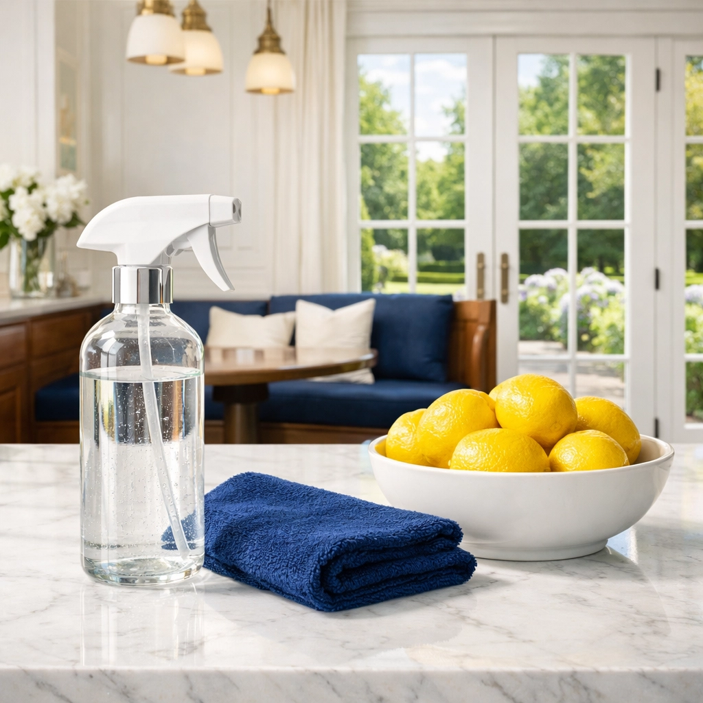 Eco-friendly luxury house cleaning in Hamilton kitchen with marble countertops and non-toxic cleaning supplies.