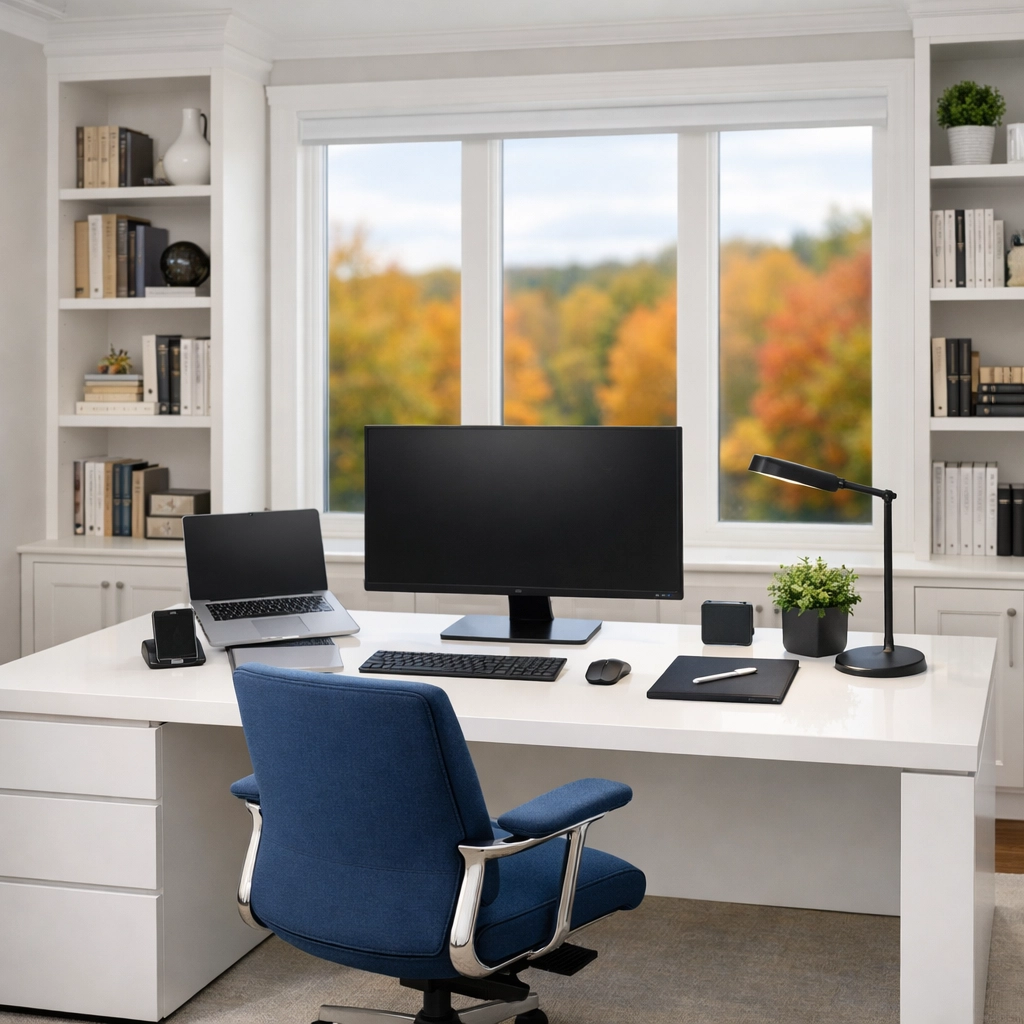 A professional, dust-free home office in a Westborough estate following a thorough weekly house cleaning.