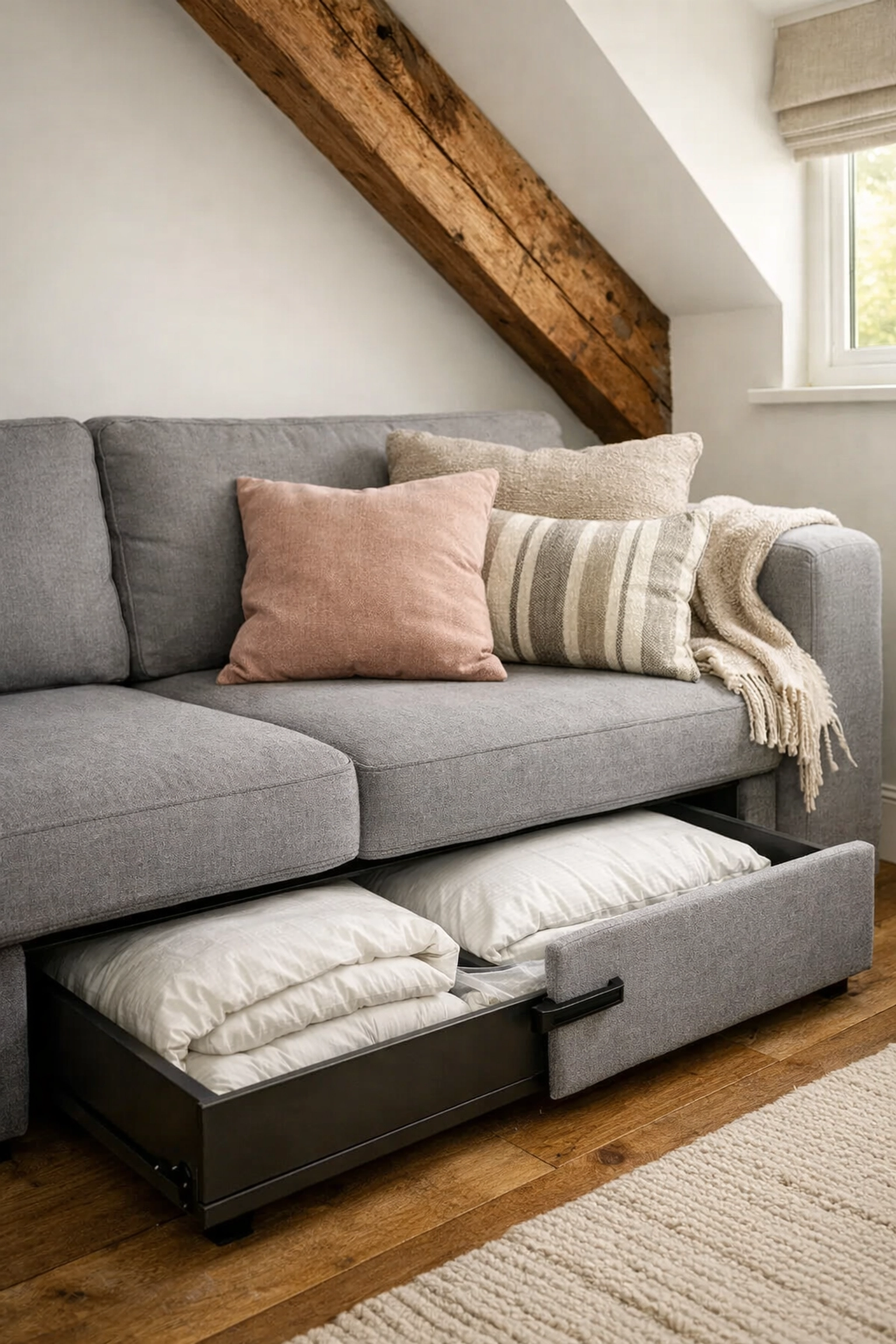 Sofa bed with built-in storage in Christchurch loft conversion for dual-purpose guest room