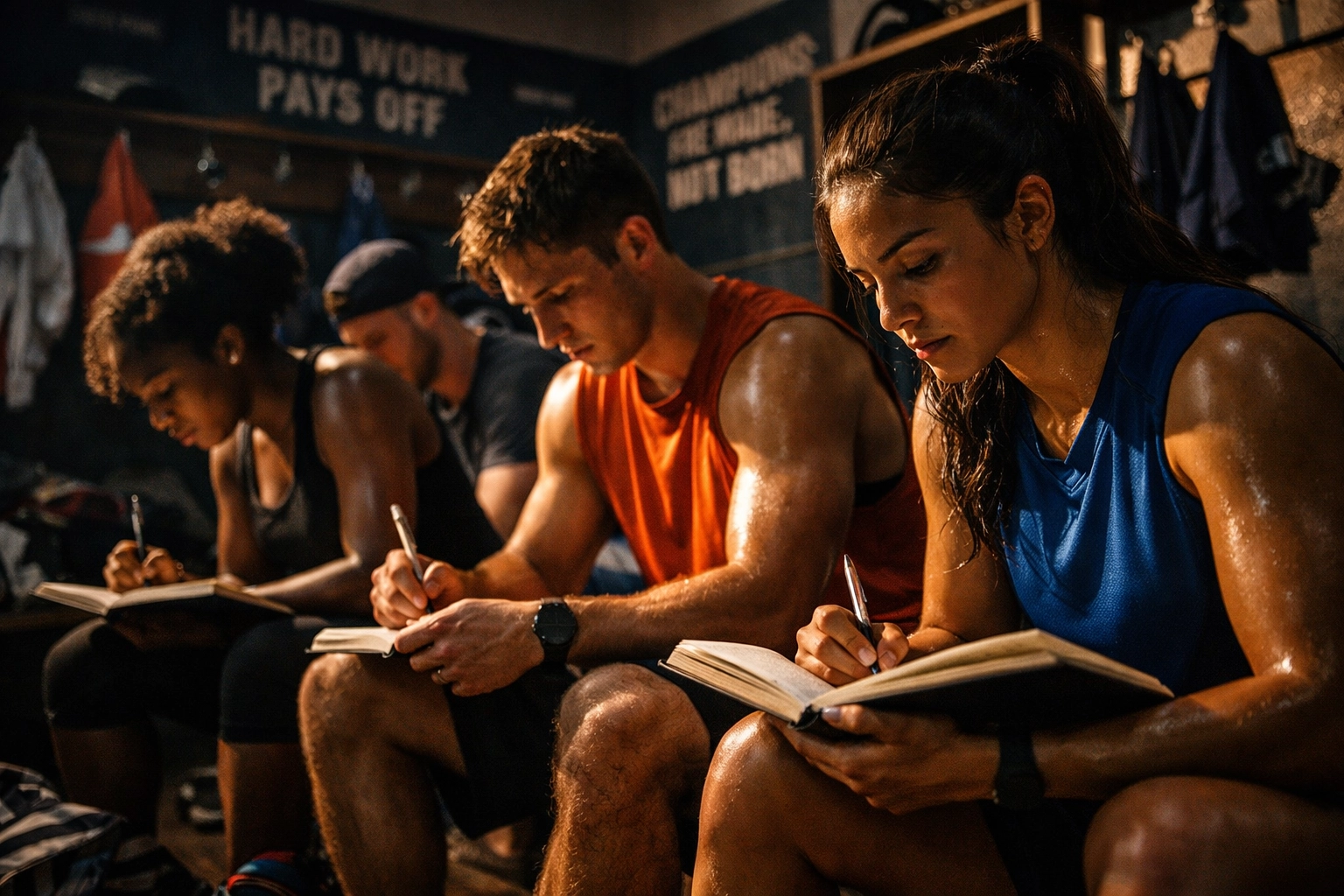 Athletes writing personal stories in locker room to develop authentic brand narratives