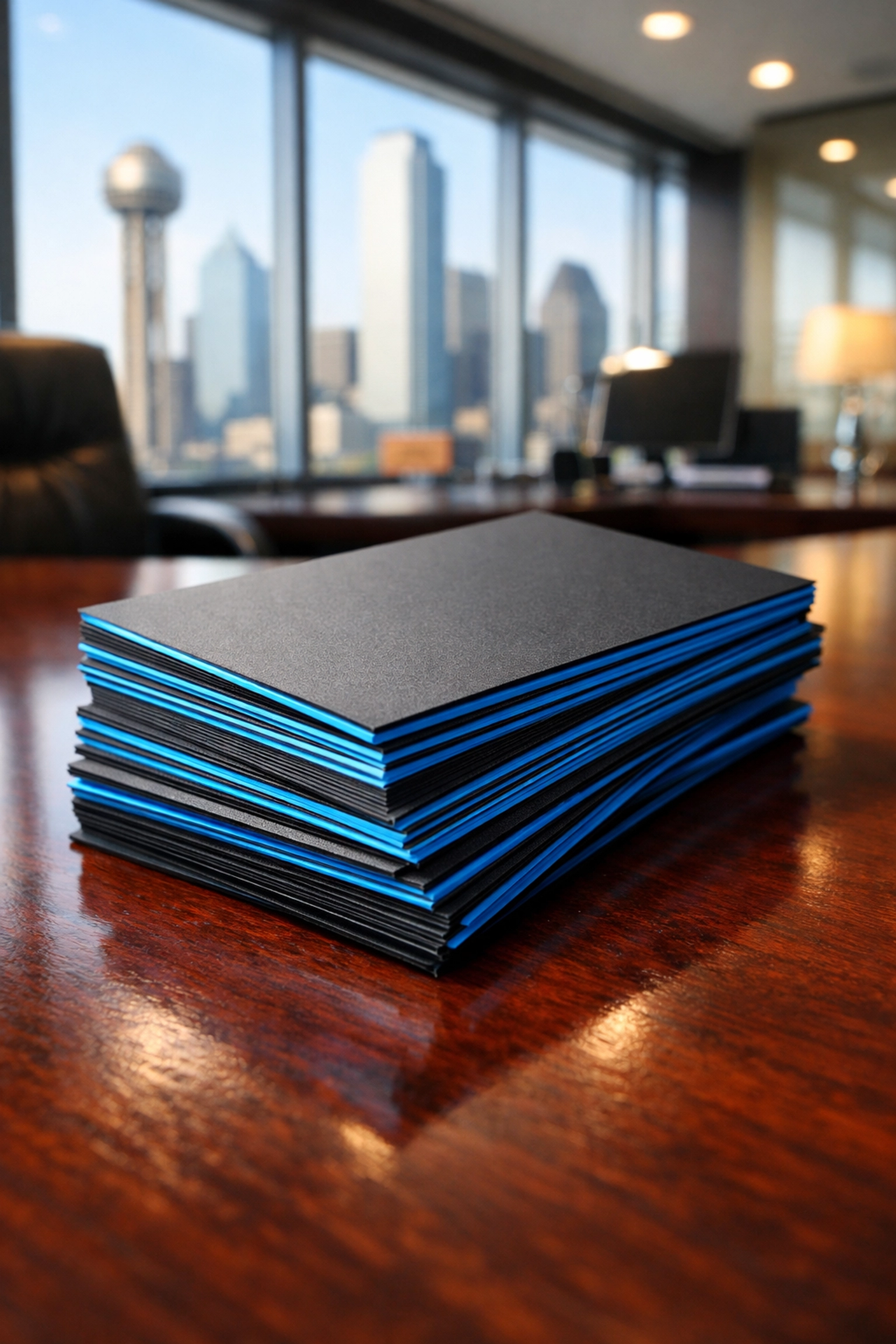 Stack of premium matte-finish business cards on a modern office desk in Dallas.