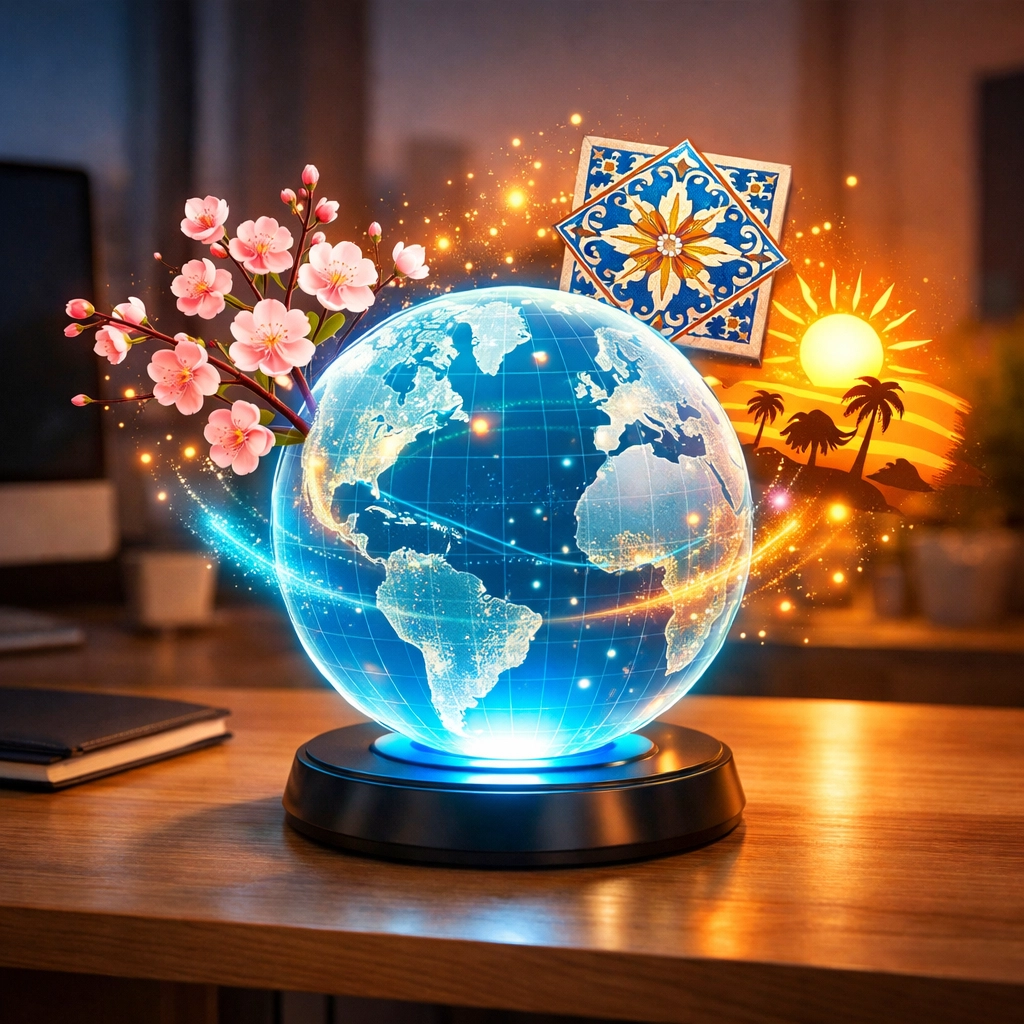 Digital globe with cultural symbols representing AI localization for international PPC ads.