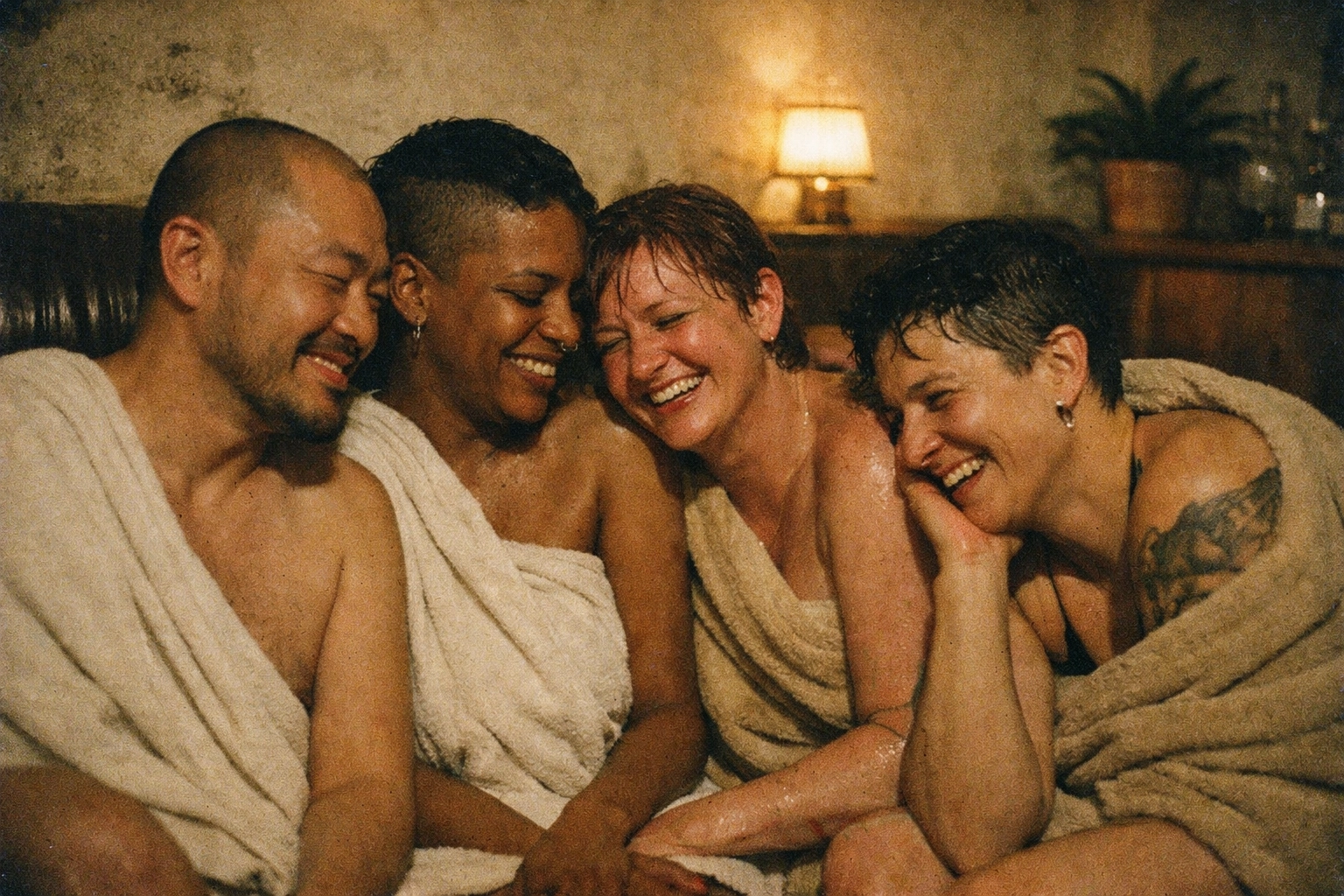 A candid shot of diverse queer-inclusive friends in their 30s wrapped in towels in a dim sauna lounge, laughing like they survived something.