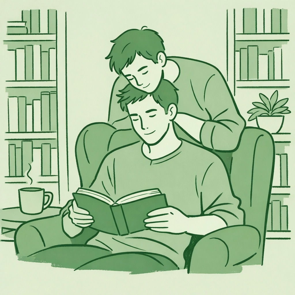 Two men in a cozy library reading popular gay books together, finding community through gay literature.