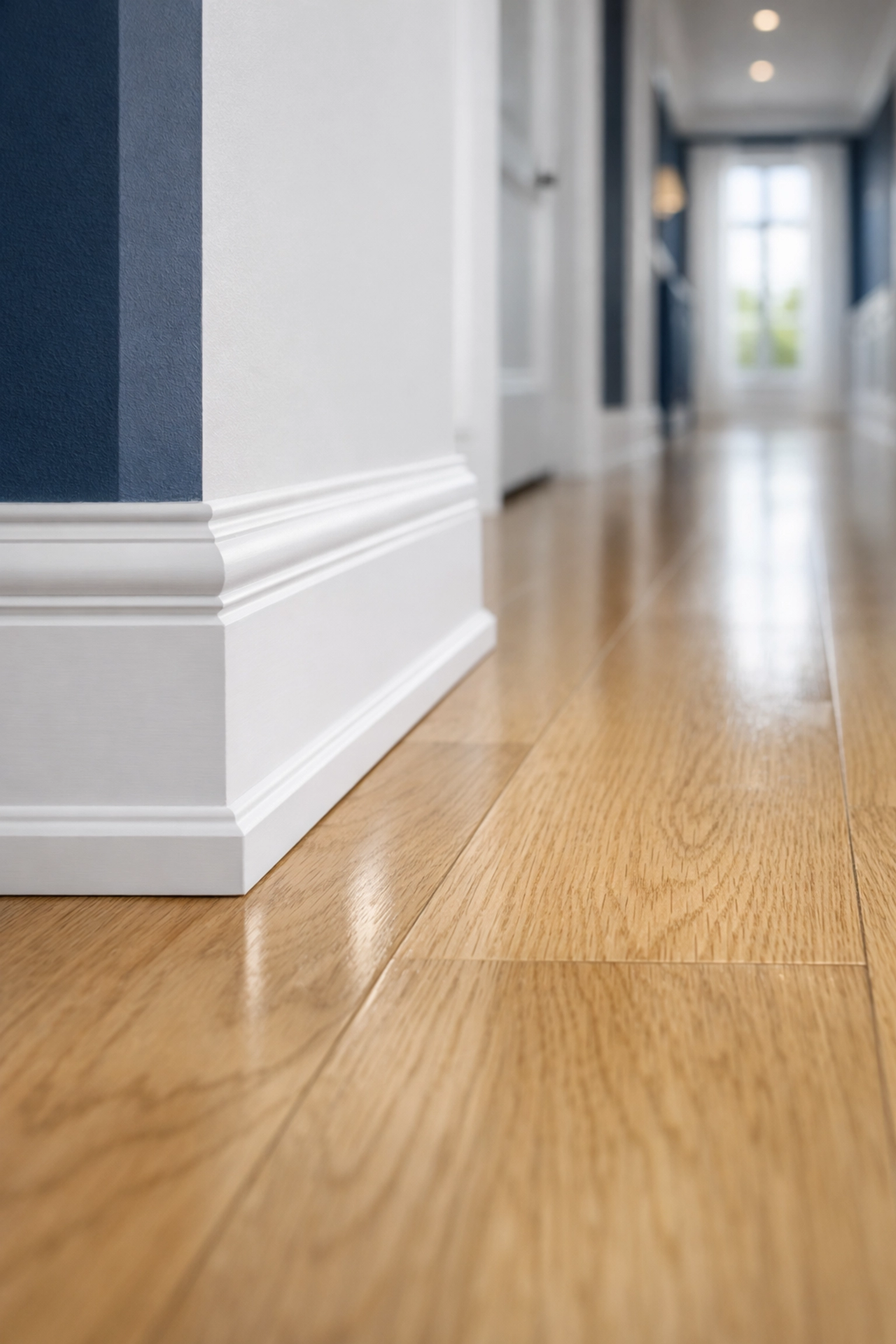 Pristine hallway with clean baseboards and dust-free floors after professional deep cleaning.