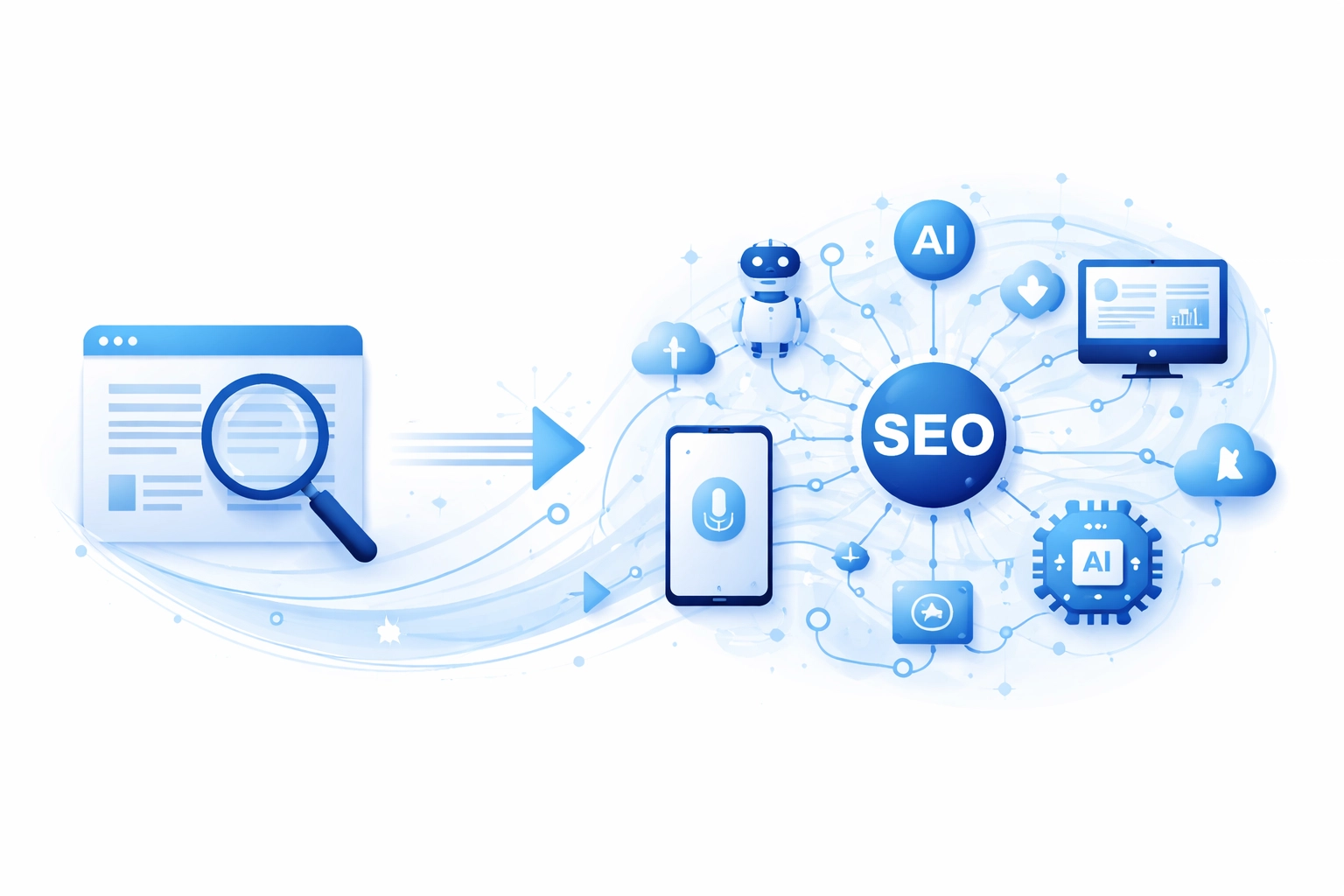 Vector illustration showing SEO evolution from a single search focus to a connected digital ecosystem with AI and devices