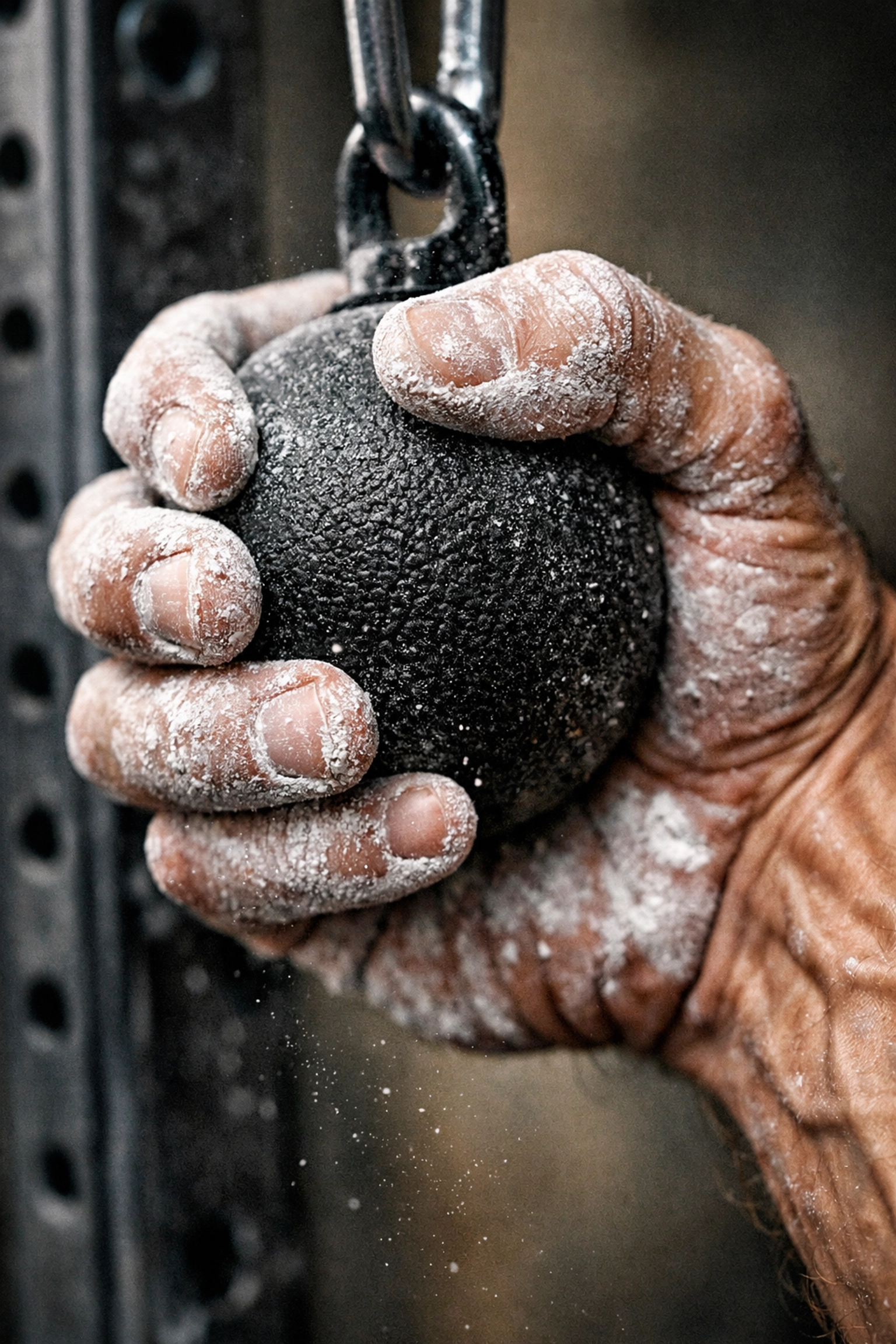 Chalked hands on a ninja hold attachment for grip strength training using a versatile home gym system.
