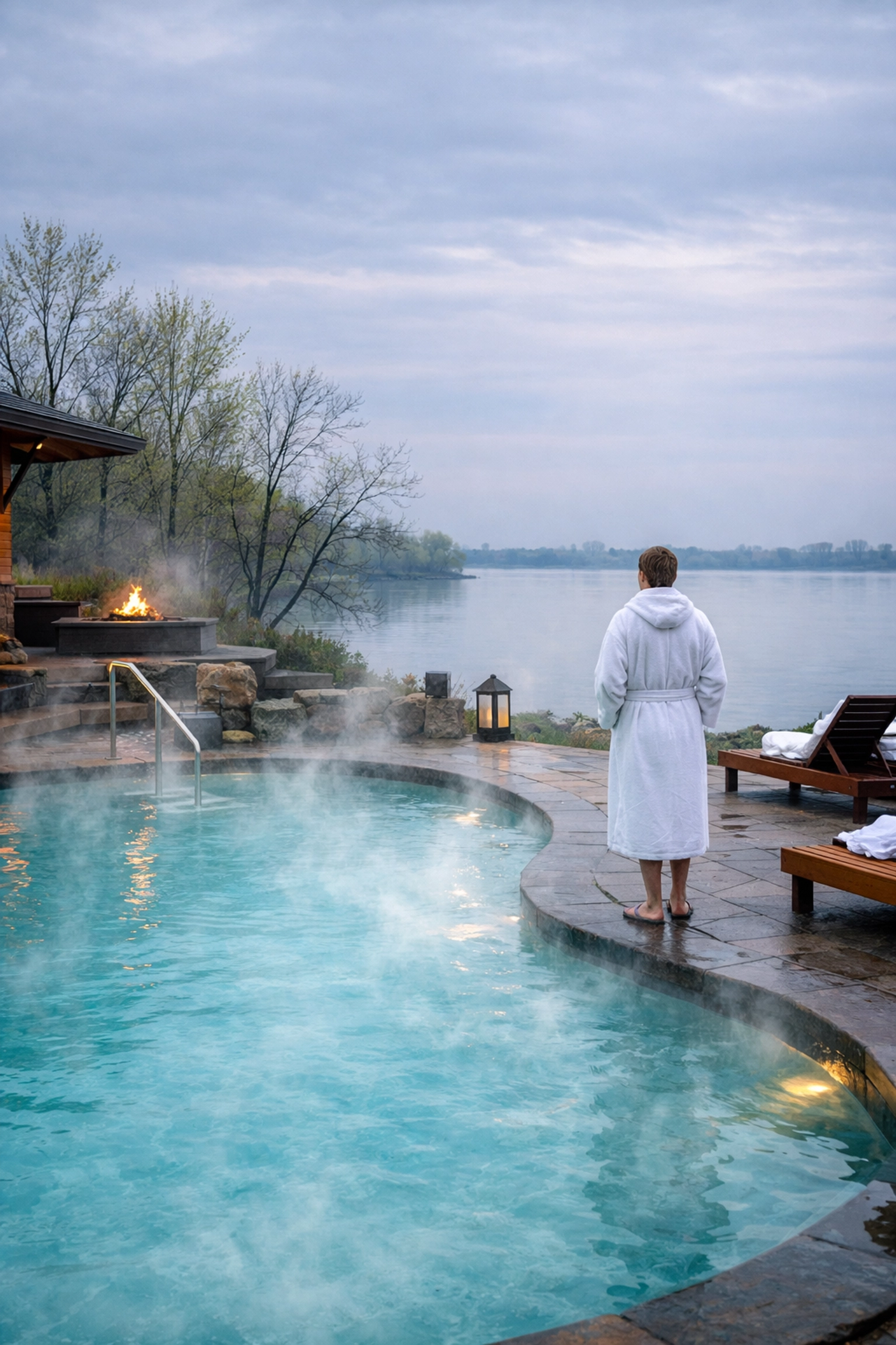 Steaming outdoor thermal pool at Strøm Spa Nordique in Montreal during early spring.
