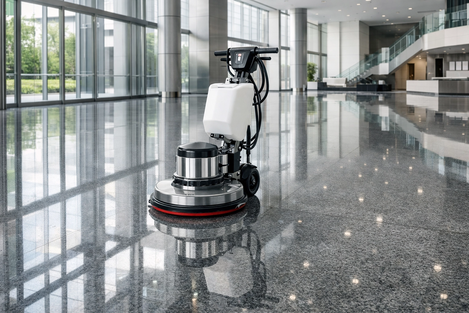 Professional industrial floor scrubber on polished granite lobby floors for high-traffic property maintenance.