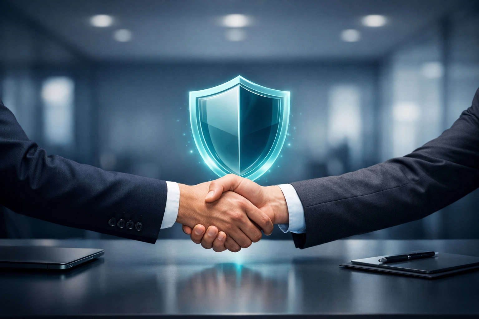Business professionals shaking hands with security shield symbolizing cybersecurity trust and partnership
