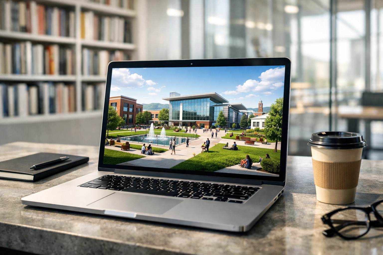 A modern laptop displaying e-learning disaster management training simulations in a university library.