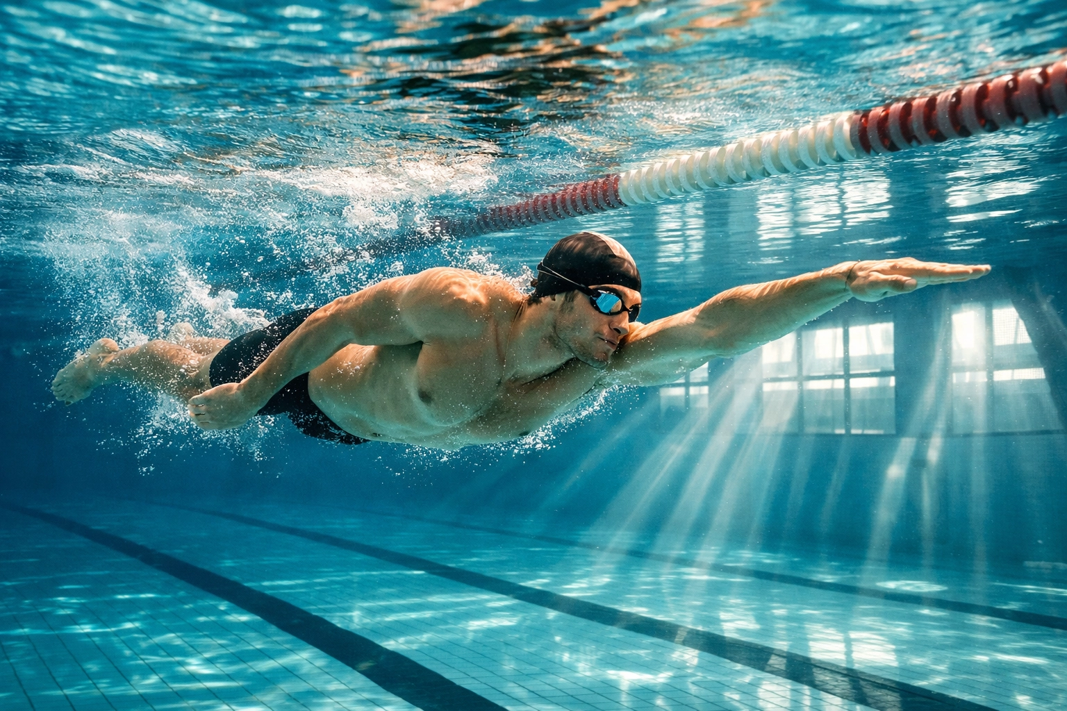 Nadador ejecutando técnica correcta de crol bajo el agua en piscina