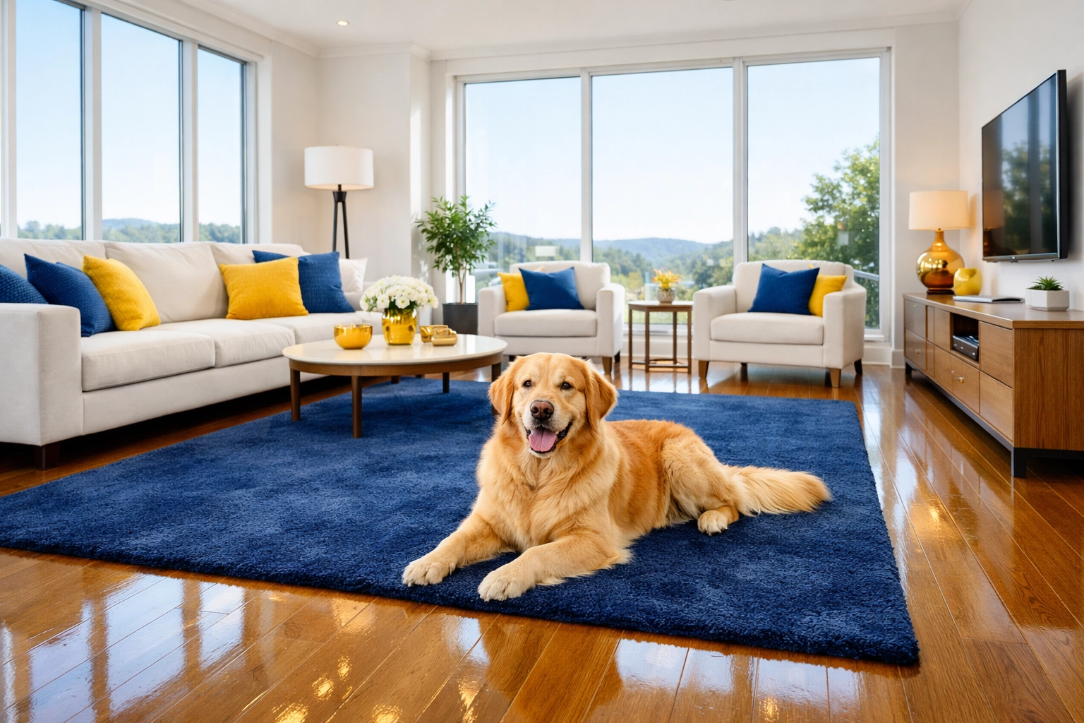 Clean living room with a Golden Retriever on a rug, showing no pet hair after bi-weekly cleaning.