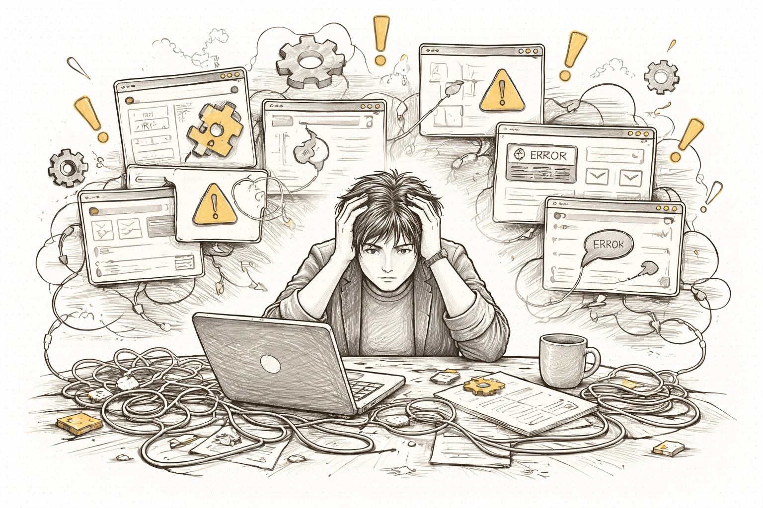 Frustrated service business owner overwhelmed by tangled plugins and chaotic manual booking system