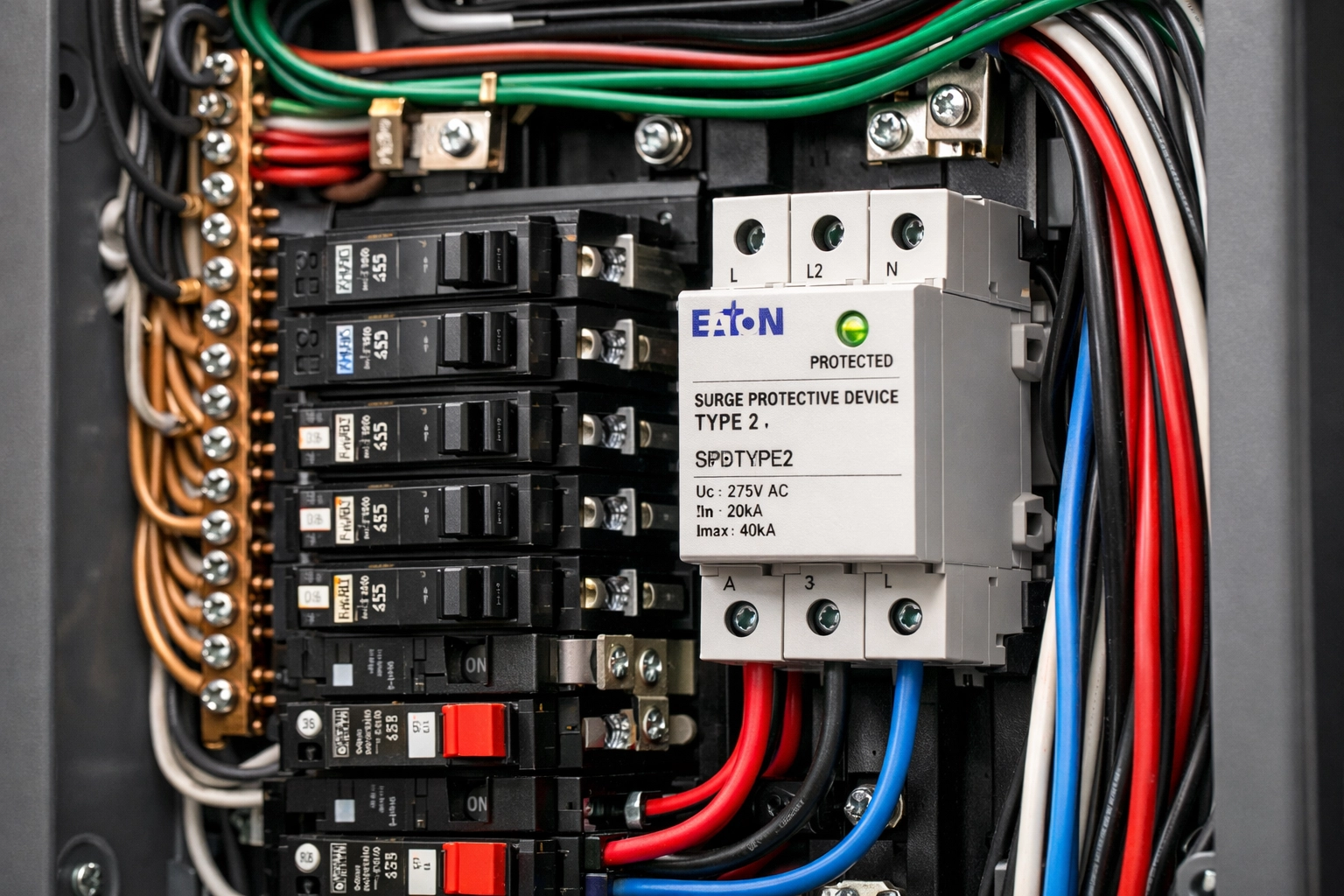 Professional electrical panel installation showing Type 2 surge protective device and wiring