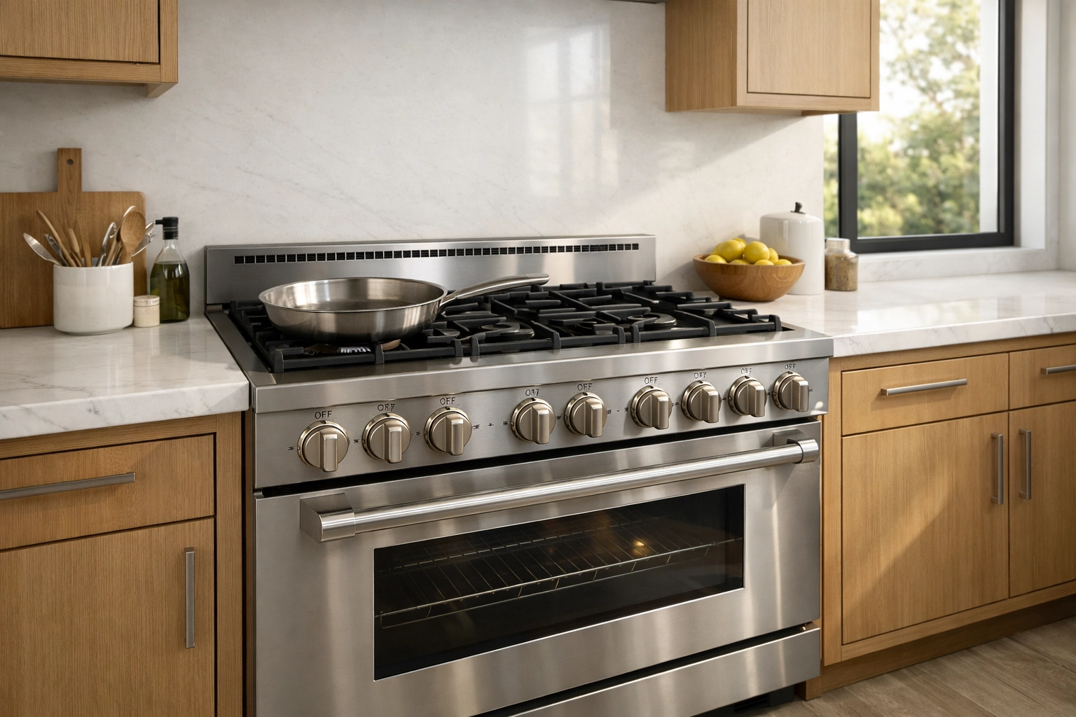 Premium 36 inch gas range in a gourmet kitchen with stainless steel finishes and marble countertops.