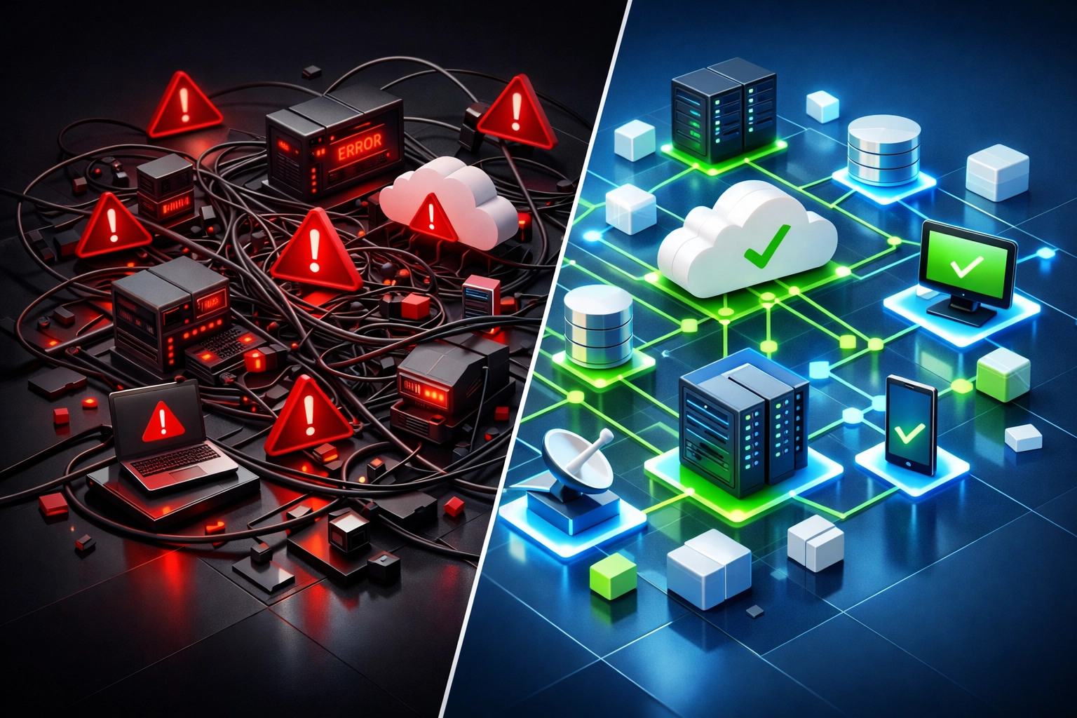 Comparison of disorganized infrastructure versus optimized ServiceNow ITOM service graph architecture
