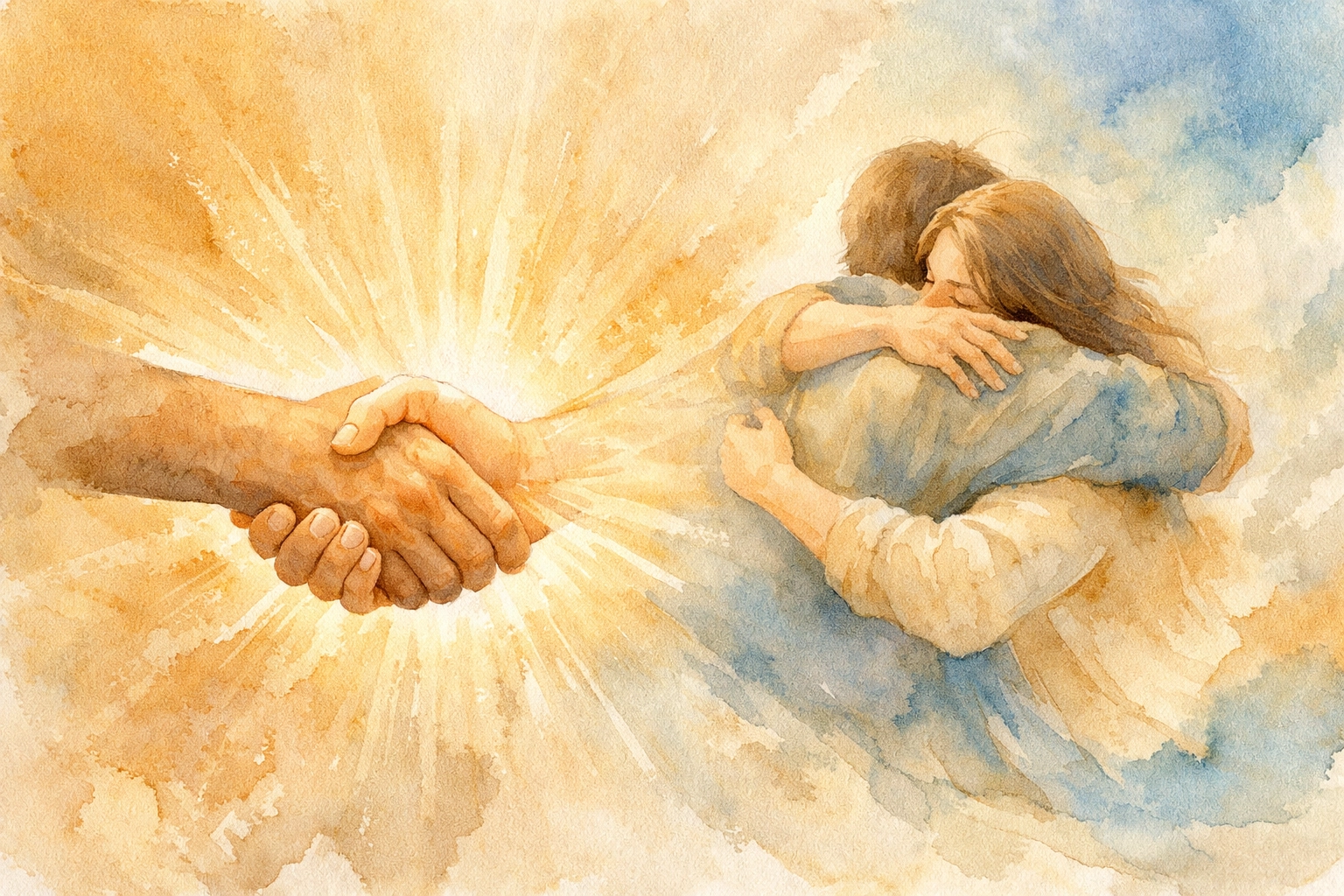 Hands embracing symbolizing adoption into God's family and Christian fellowship