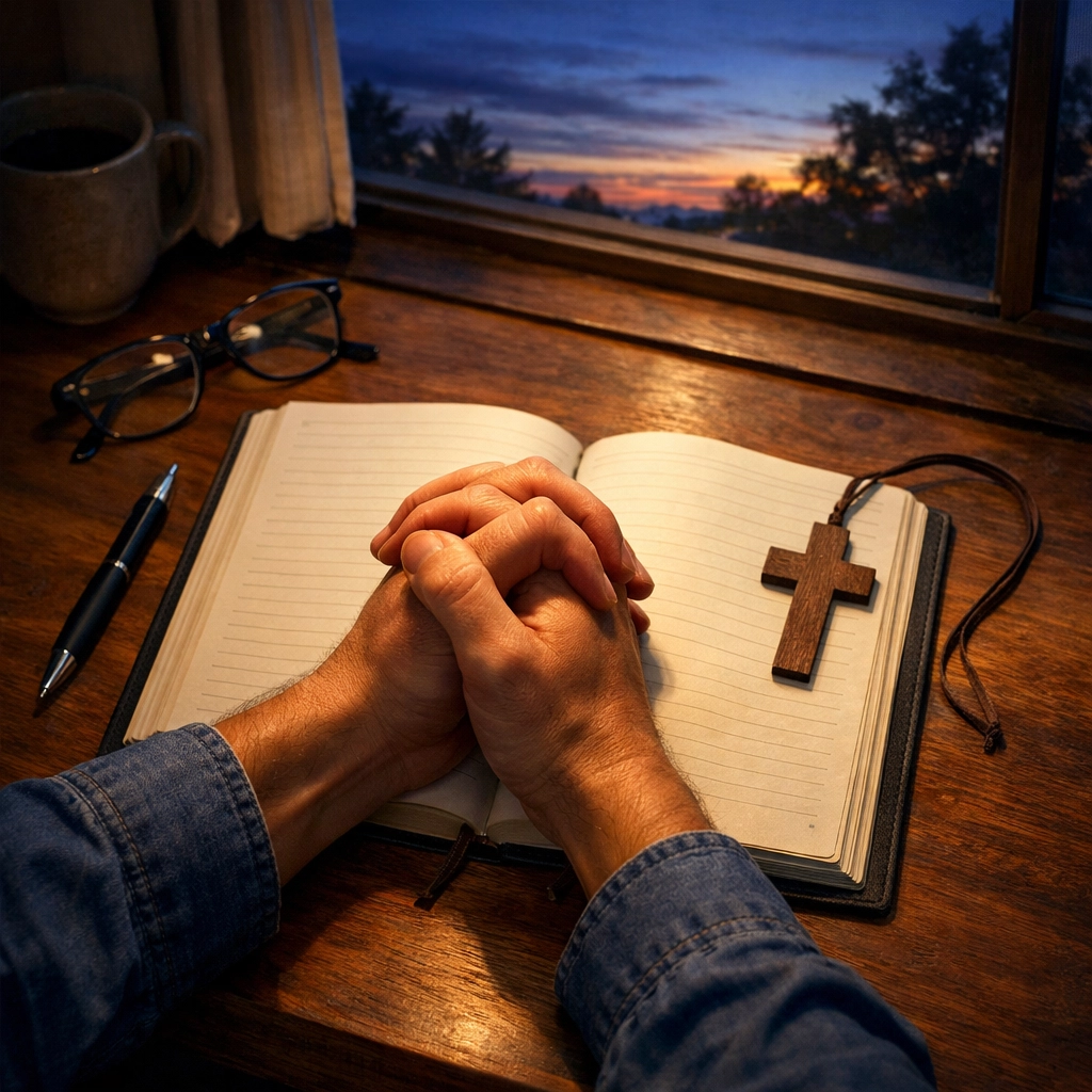 Hands folded in prayer over journal with cross, responding to news with faith and peace