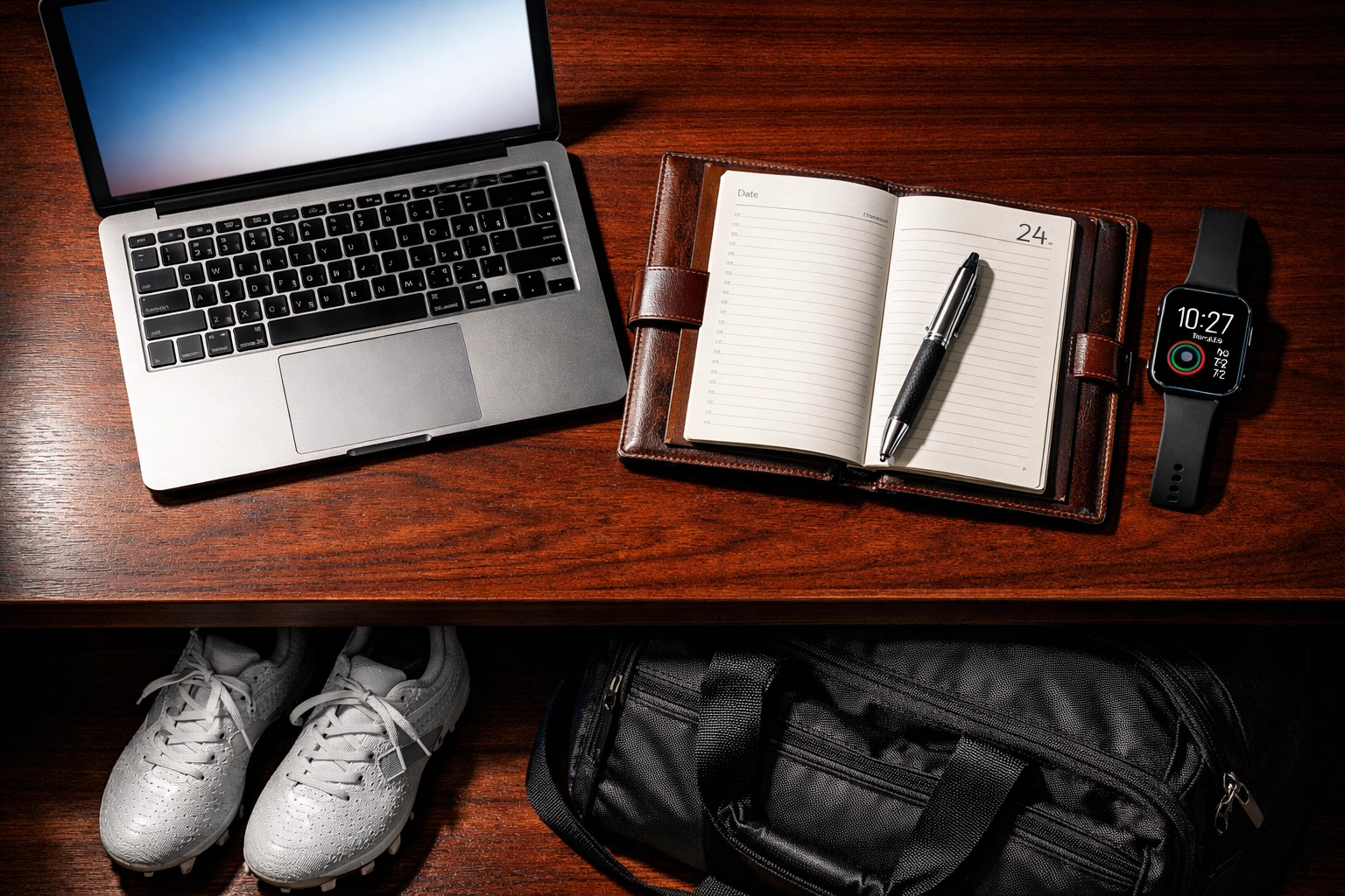 Laptop and planner beside cleats on desk, highlighting athlete time management and off-field success