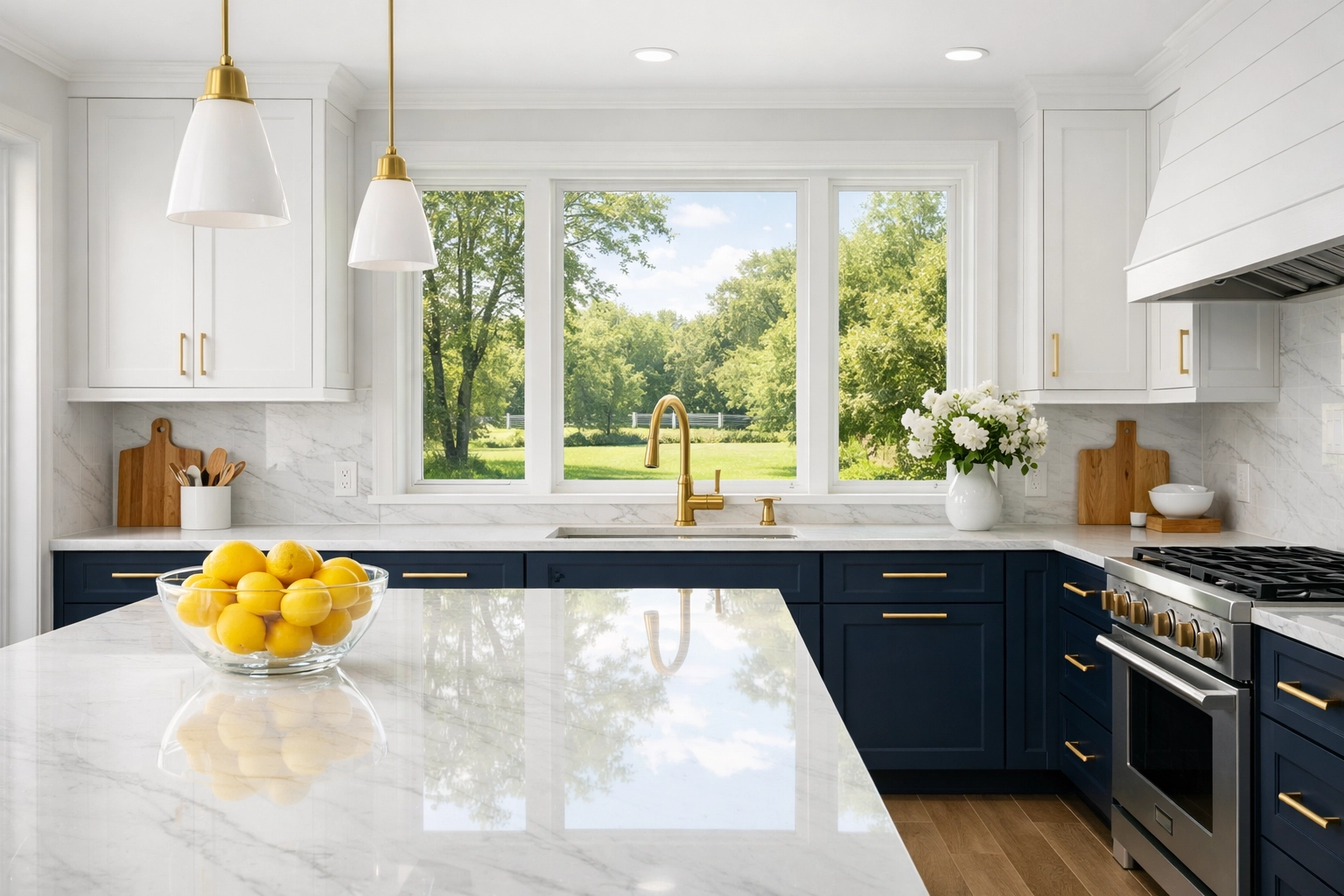 Modern kitchen with shining marble counters after professional house cleaning in Paxton, MA.