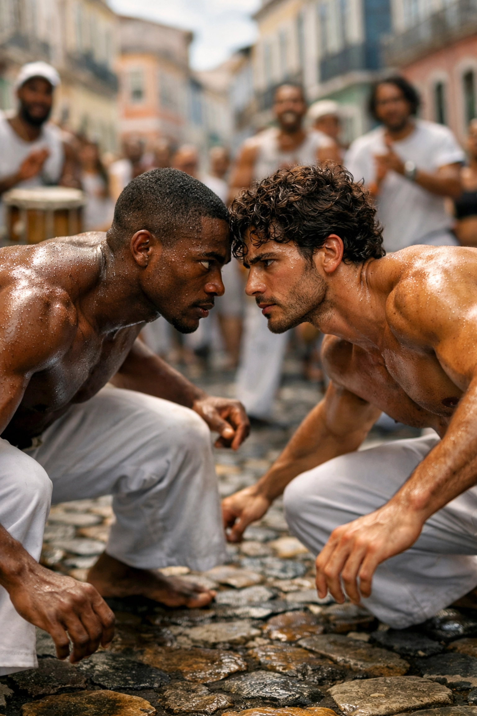Intense MM romance tension between two Capoeira practitioners in a Salvador roda.